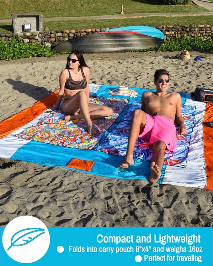ECCOSOPHY Sandproof Beach Blanket - Oversized Sand Free Beach Mat 9'x10' - Lightweight Outdoor Picnic Blanket Anchored with 4 Corner Sand Pockets & Plastic Stakes - Heat Proof, Quick Drying & Compact