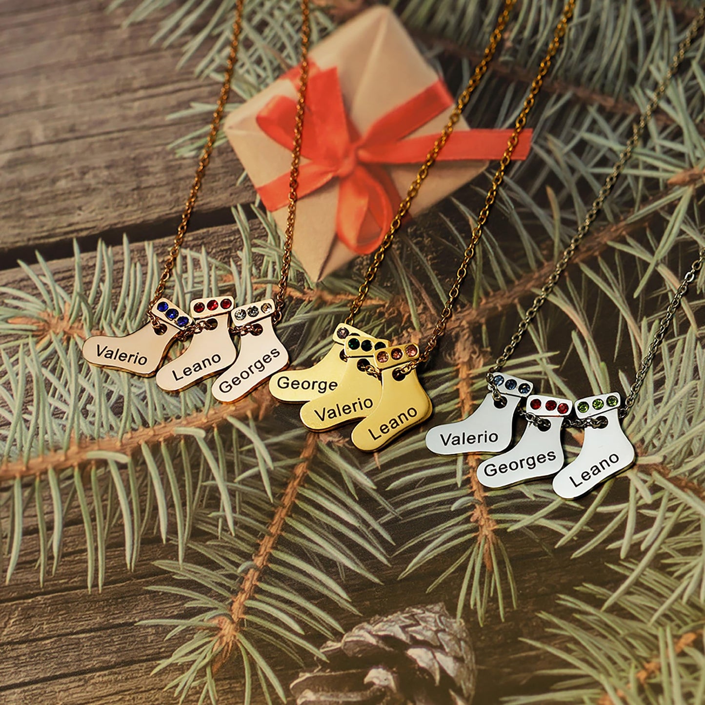 Aro Torliy Personalized Christmas Stocking Necklace with Customizable Birthstone (Silver)