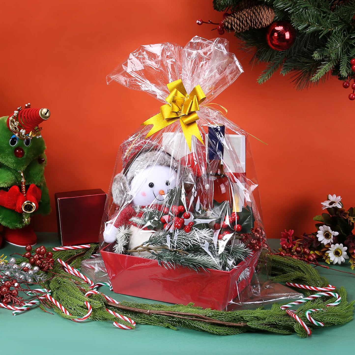 AFOROEOA 10PACK Baskets For Gifts Empty, 10 x 8”Thick Red Gift Basket with 10 Clear Gift Bags and 10 Pull Bows, Empty Gift Baskets for Christmas, Thanksgiving Wedding Birthday Party Wrapping Gift