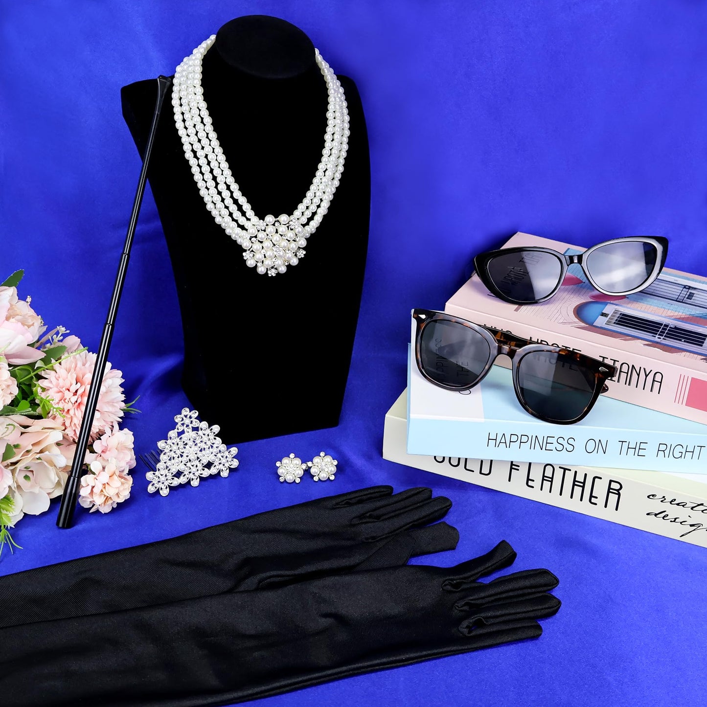 Horolam 6PCS 1920s Accessories, Holly Golightly Costume 20s Accessories Pearl Necklace Earrings Gloves Sunglasses for Women