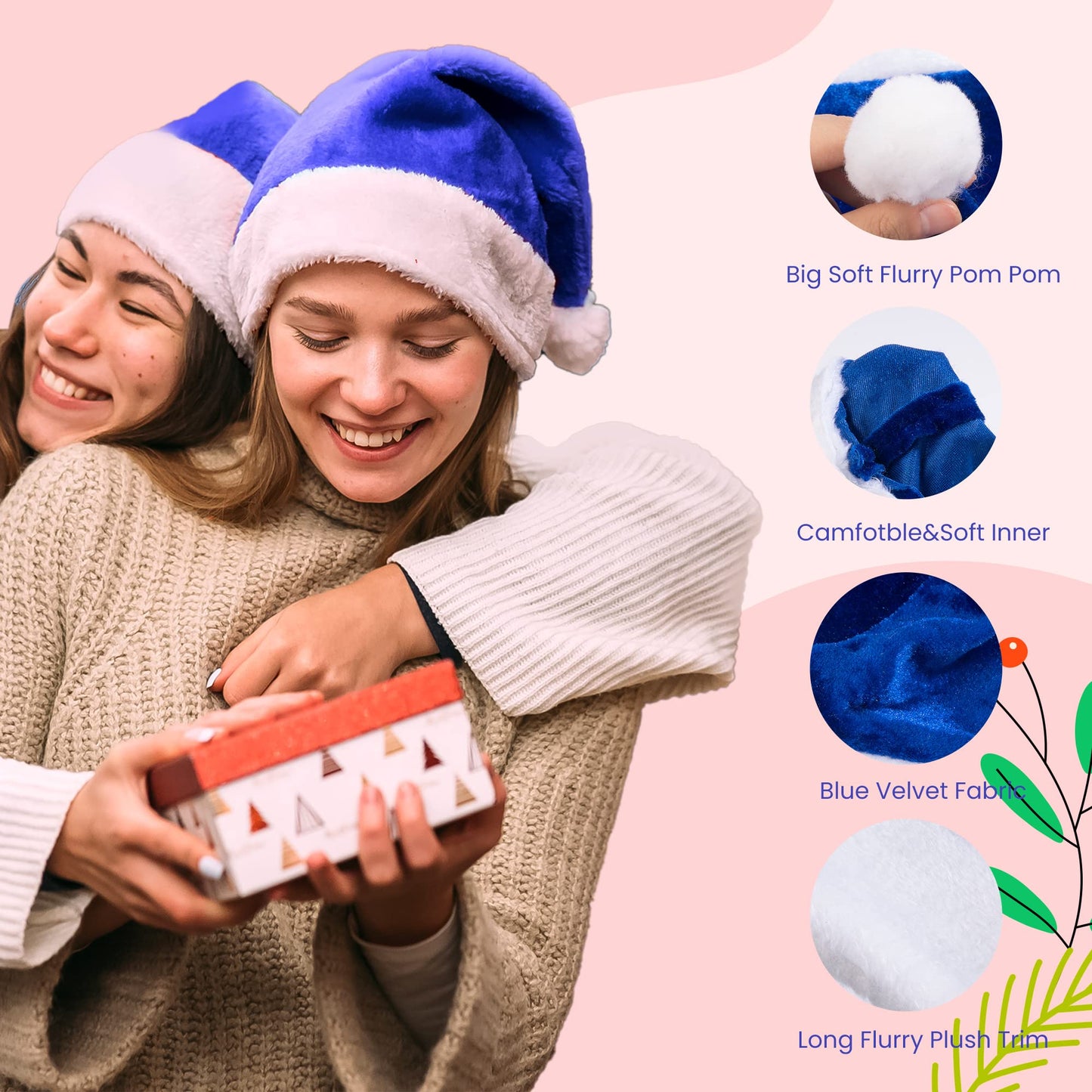 YASUOA Blue Santa Hats Christmas Hat Xmas Claus Cap Bulk Navy Short Plush Comfort Party Decor for Women Men Kids (9 Pieces)