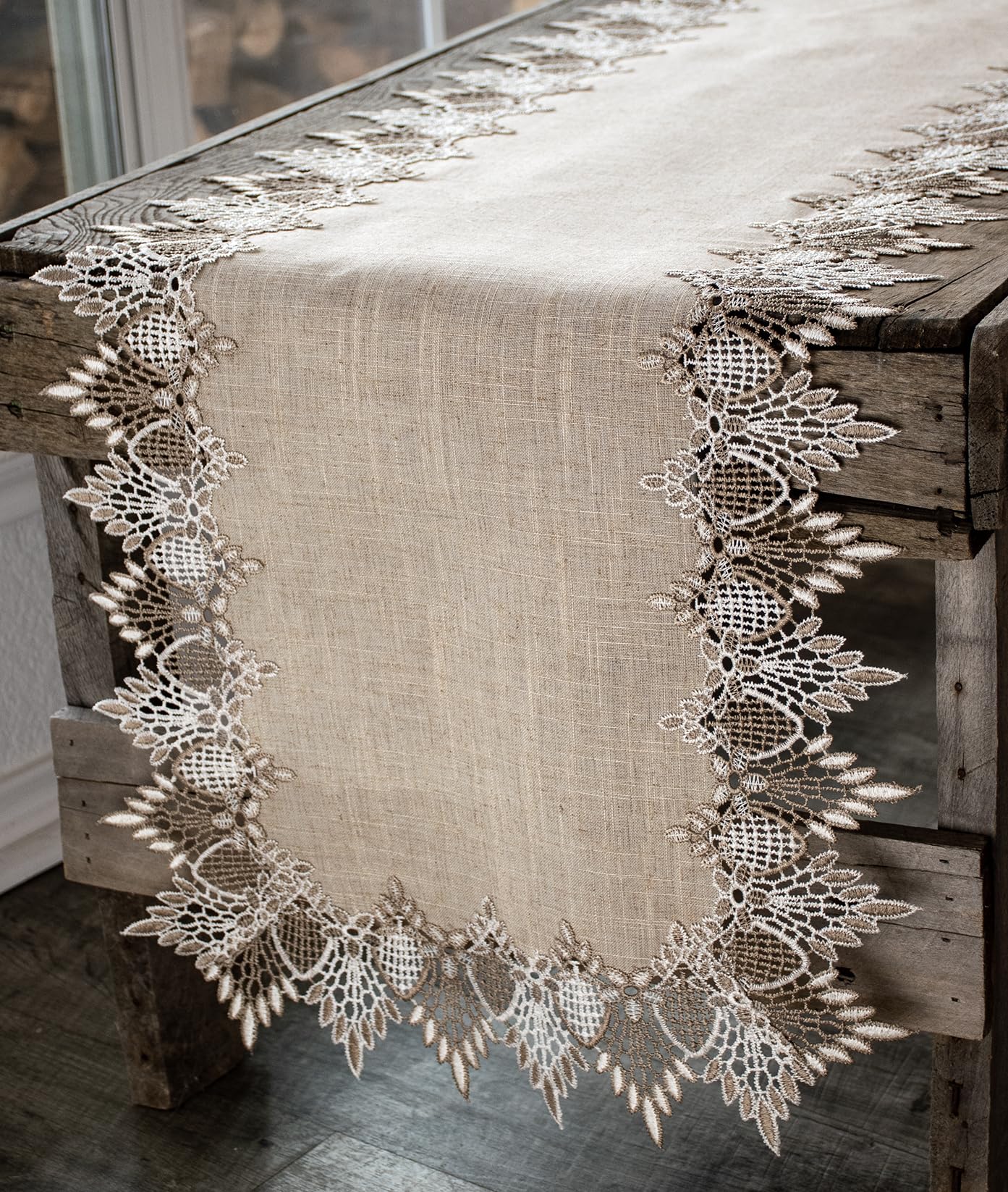 Lace Runner Neutral Earth Tones Table Runner Dresser Scarf Coffee Table Runner (16Wx36L)