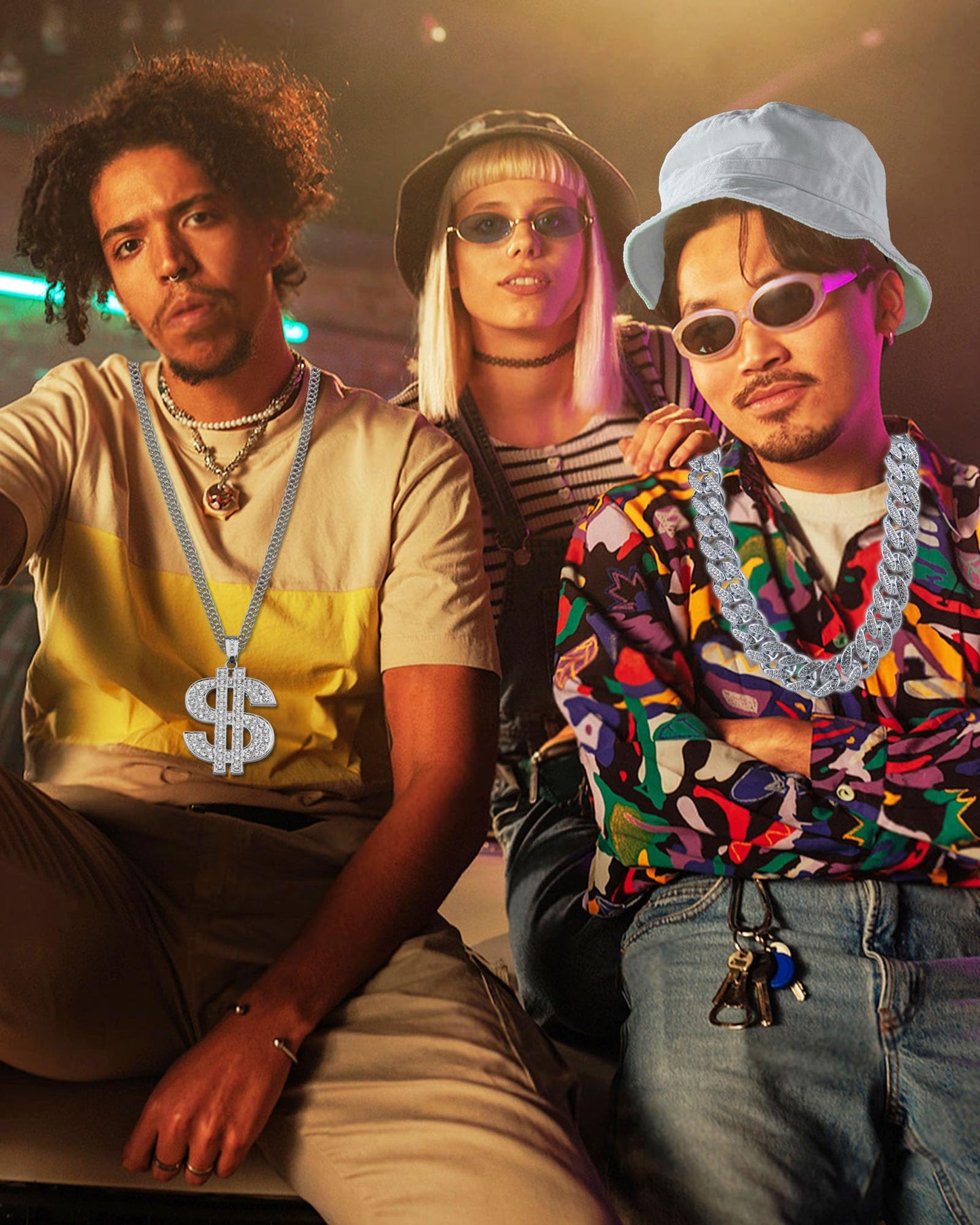 Riuziyi 6Pack 90s 80s Hip Hop Costumes Kit for Men 2000s Y2K Sunglasses Rings Hat Rapper Outfit Accessories for Themed Party (Silver)