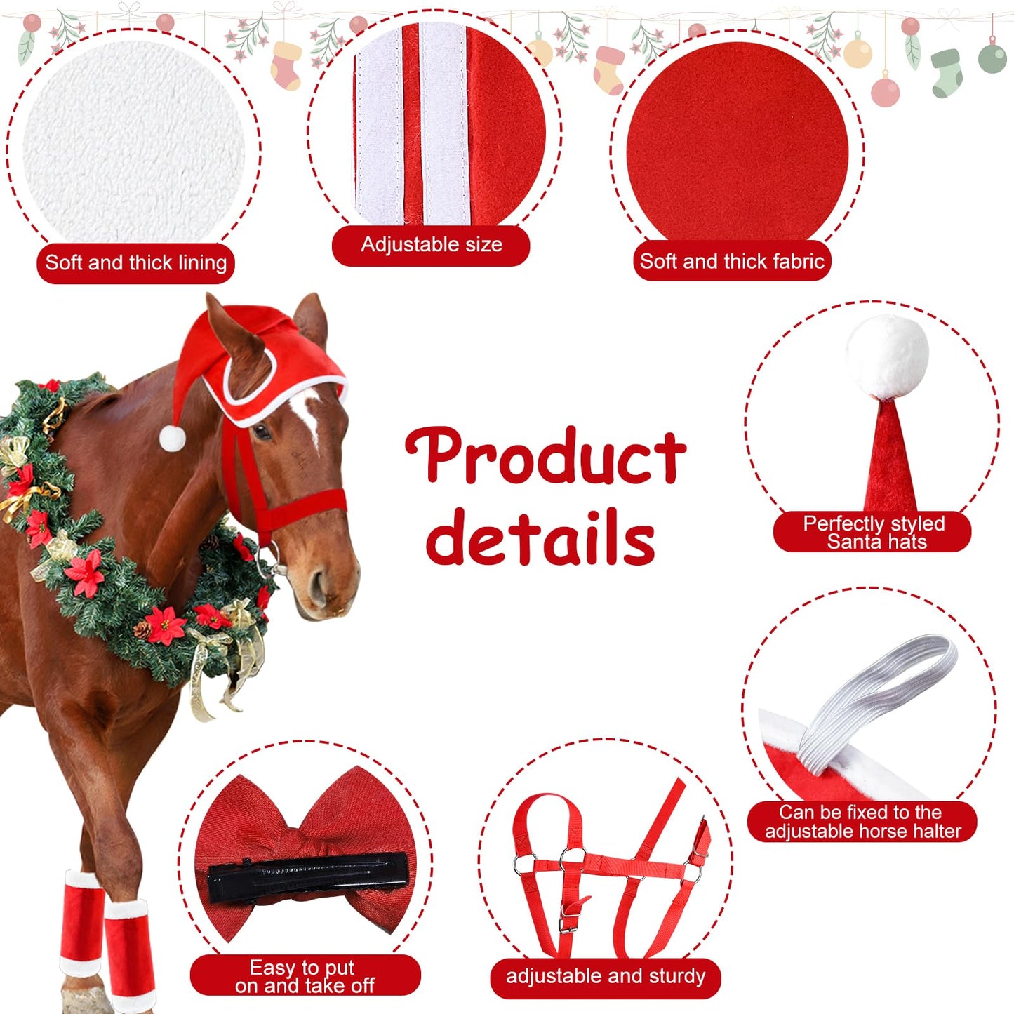 Andy's 10 PCS Xmas Horse Costume Set - Red Santa Hat, Leg Wraps, Halter, Bow Ties For Horse Tails