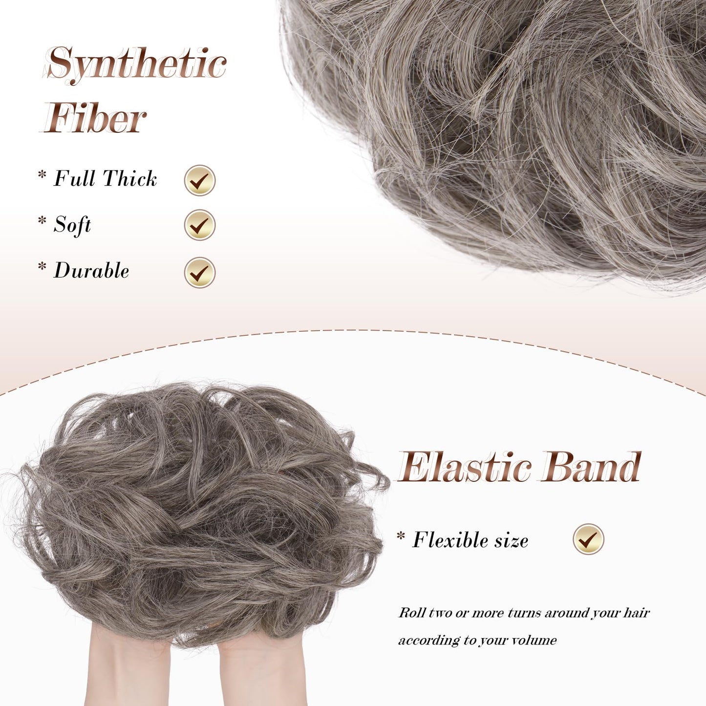 FESHFEN Messy Bun Hair Piece - Elastic Wavy Curly Hair Bun Scrunchies Extensions Synthetic Chignon Hairpieces for Women Girls, Salt and Pepper 1 PCS