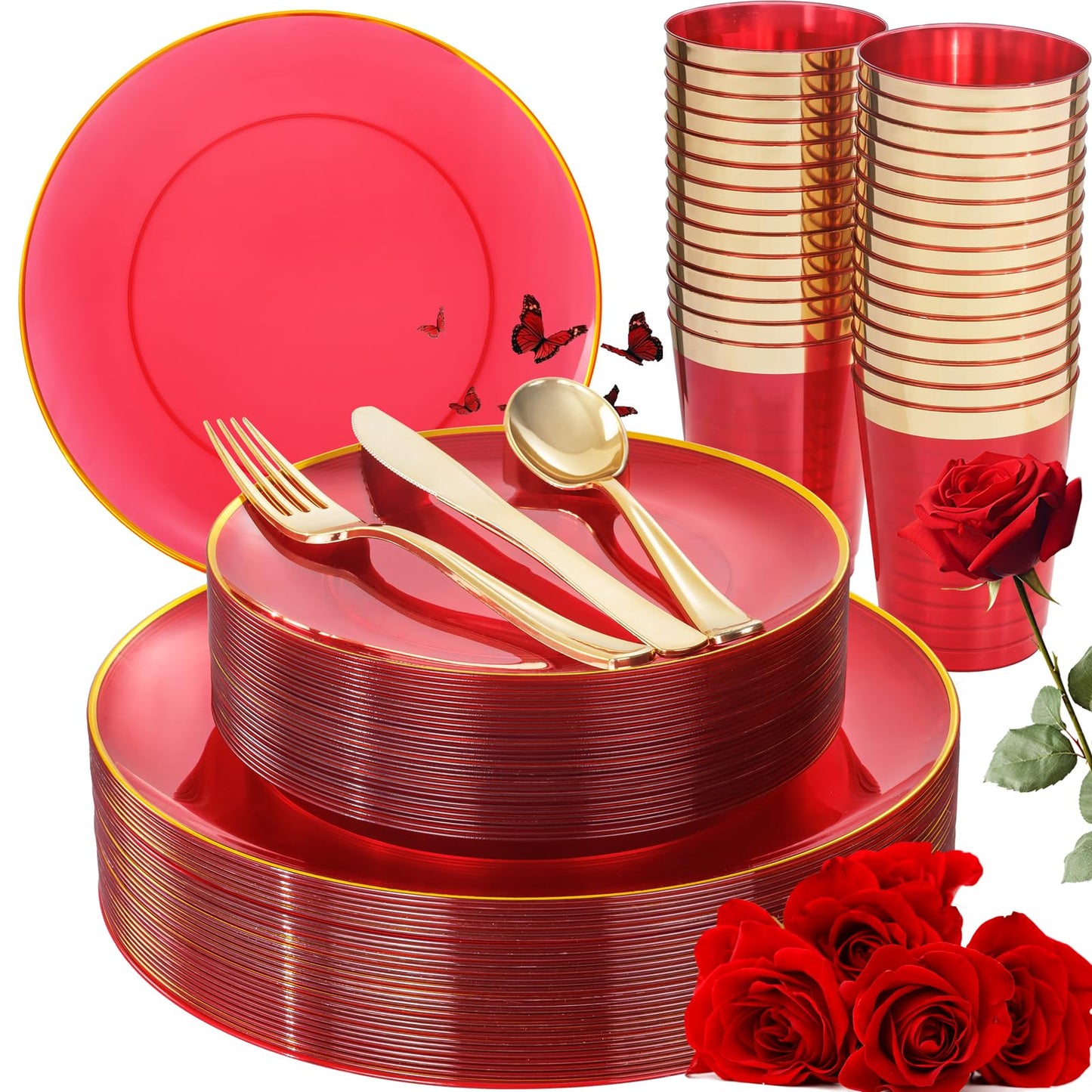 LIYH 180 Pcs Clear Red Plastic Plates Disposable - Red Dinnerware Set, Include Red and Gold Plates, Dinner Plate, Dessert Plate, Gold Plastic Silverware for Birthday Party