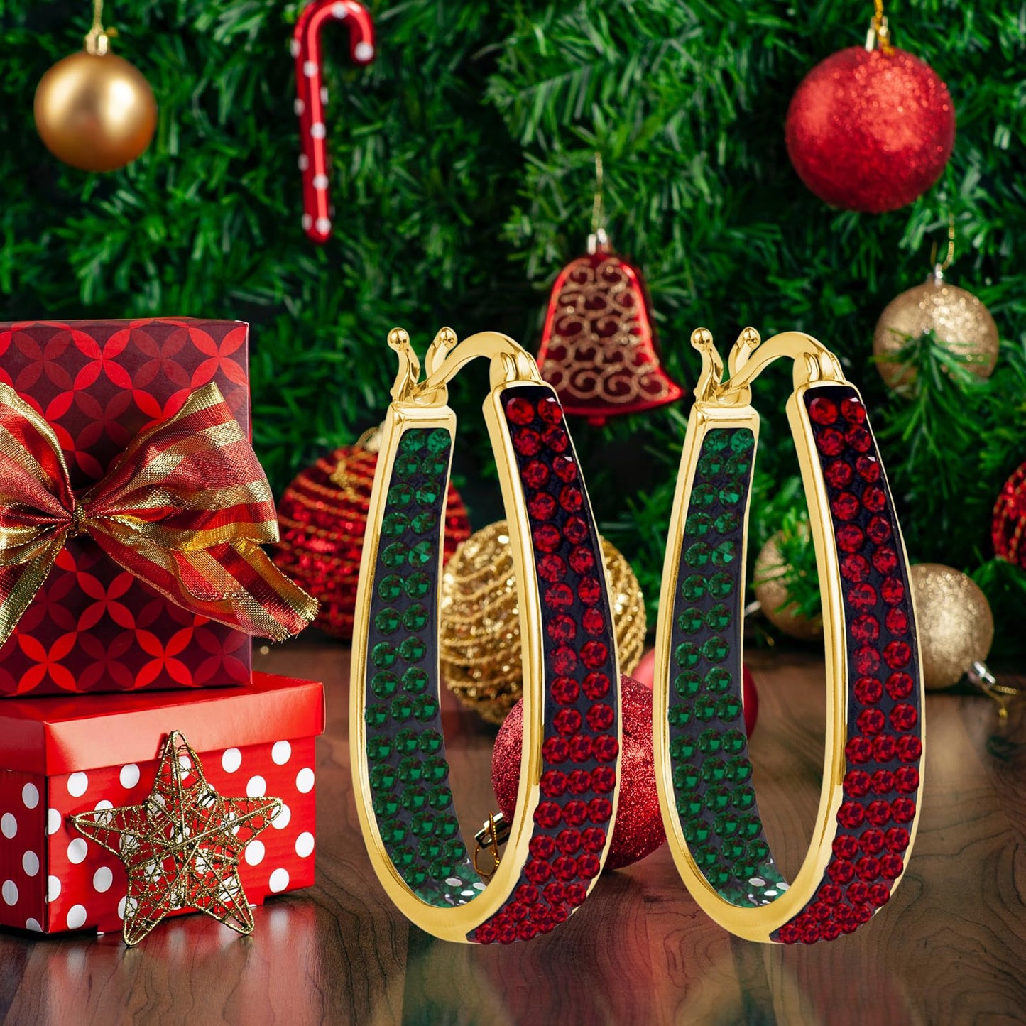 Crystal Hoop Earrings - Silver Plated Inside Out Oval Shape Hoop Earrings for Women, 1.2 Inch (Christmas Gold Plated)