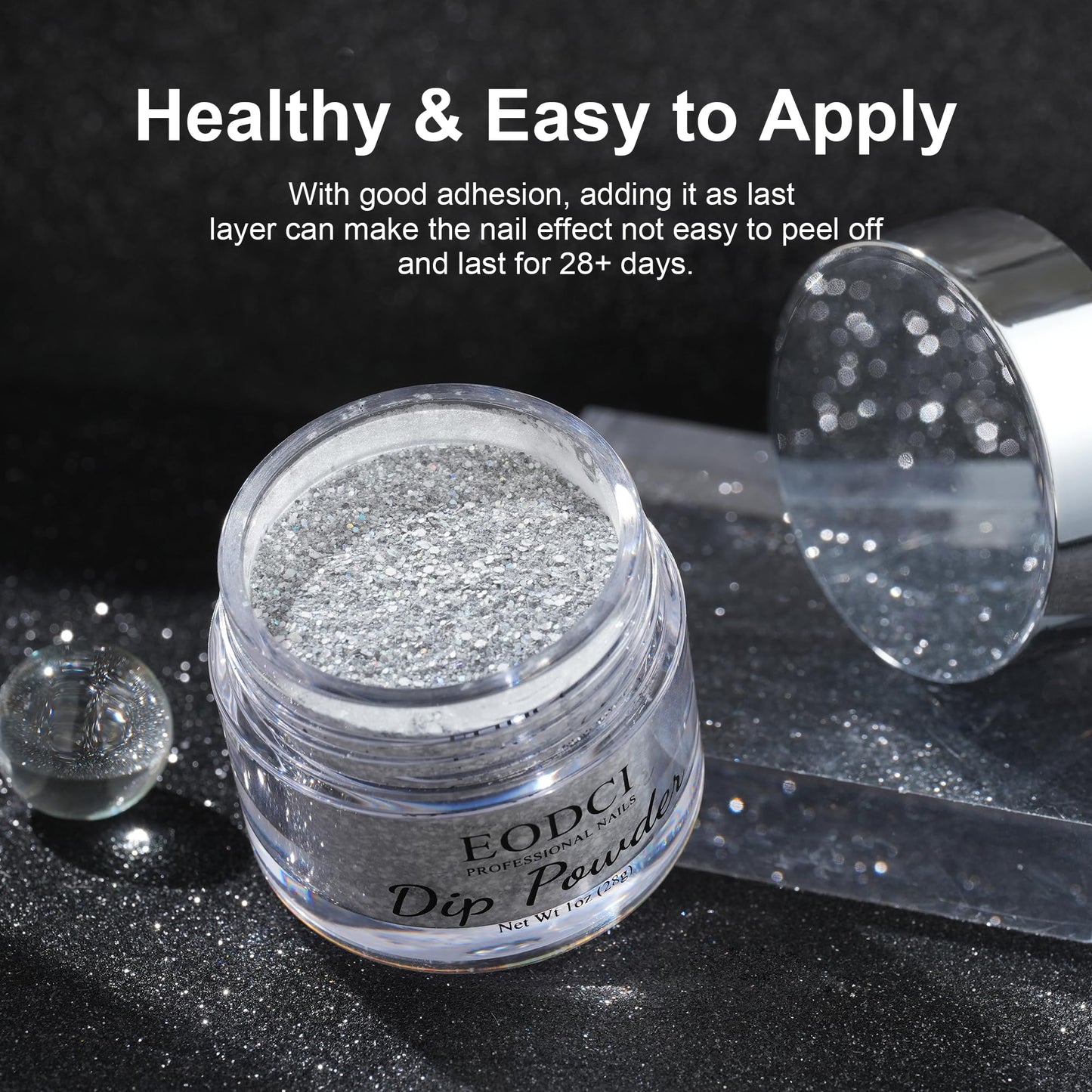 EODCI Glitter Black Dip Powder, 1OZ Neutral Nail Dip Powder for Long-lasting 28 Days+ Dip Nail Art French Manicure Nail Starter & Professional Home DIY Salon Use