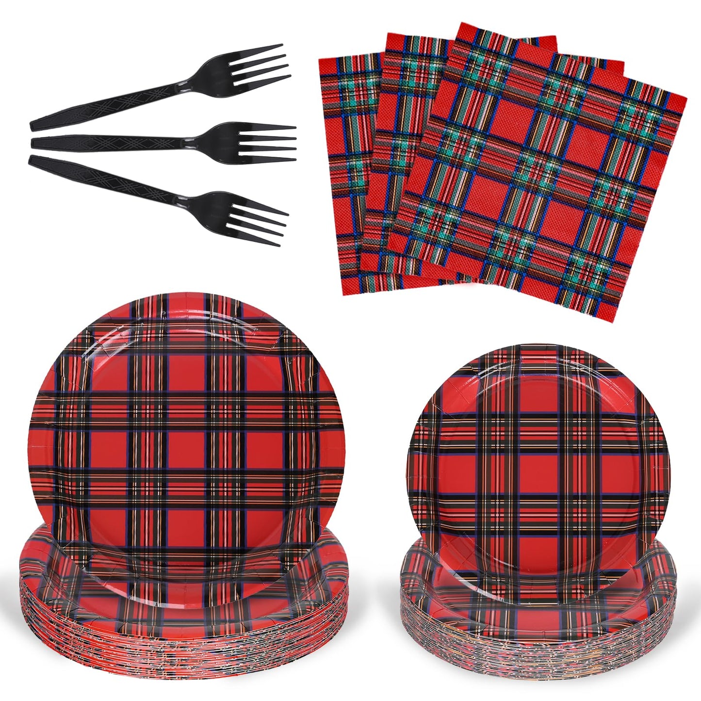 Whaline 96Pcs Christmas Plaid Paper Tableware Set Red Xmas Checkered Party Supplies Gingham Disposable Plates Napkins and Forks for 24 Guest Holiday Birthday New Year Party