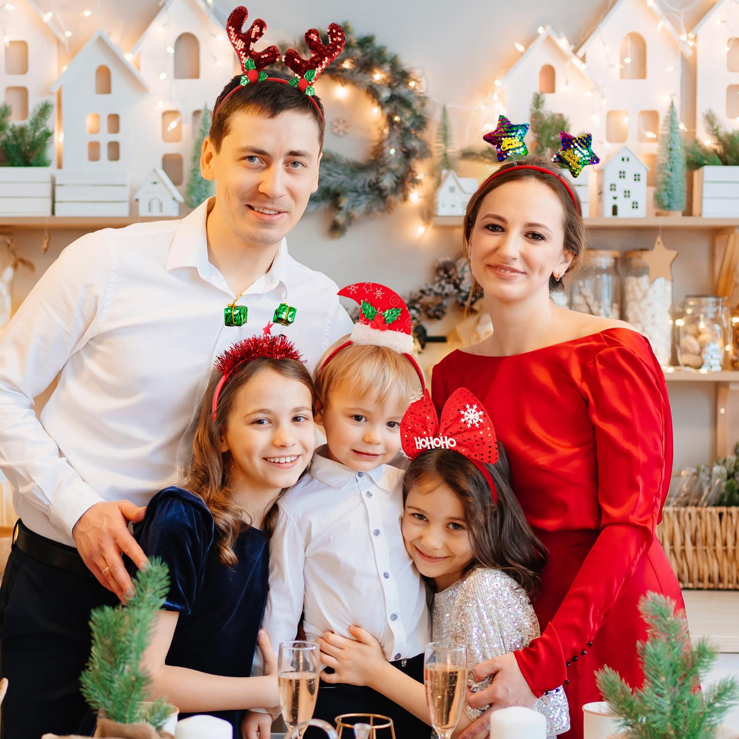 HOVACY 12 Pieces Christmas Headbands, Cute Christmas Head Toppers, Various Design Santa Hat Christmas Tree Snowman Reindeer Antler Headwears for Christmas Party Favors, Christmas Decorations