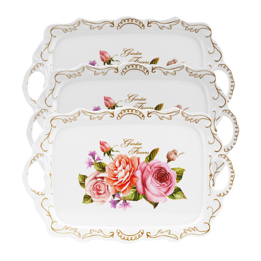 Nicunom 3 Pack Serving Trays with Handles, 16" L x 11" W Rectangular Trays for Eating, Melamine Serving Platters for Party, Floral Tray for Serving Food, Cookies, Desserts, Great Gift