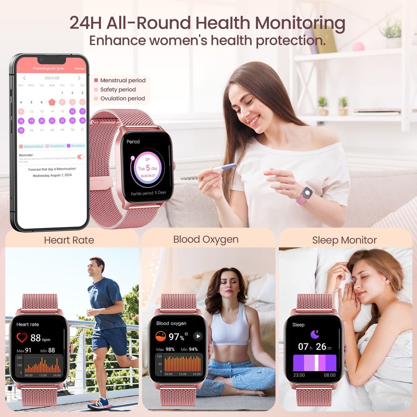 Smart Watches for Women Android iOS Phones: Pink Smartwatch for Women 1.83" Touchscreen with Answer/Make Call Waterproof Heart Rate Blood Pressure Sleep Sport Alarm Pedometer Calorie Fitness Tracker