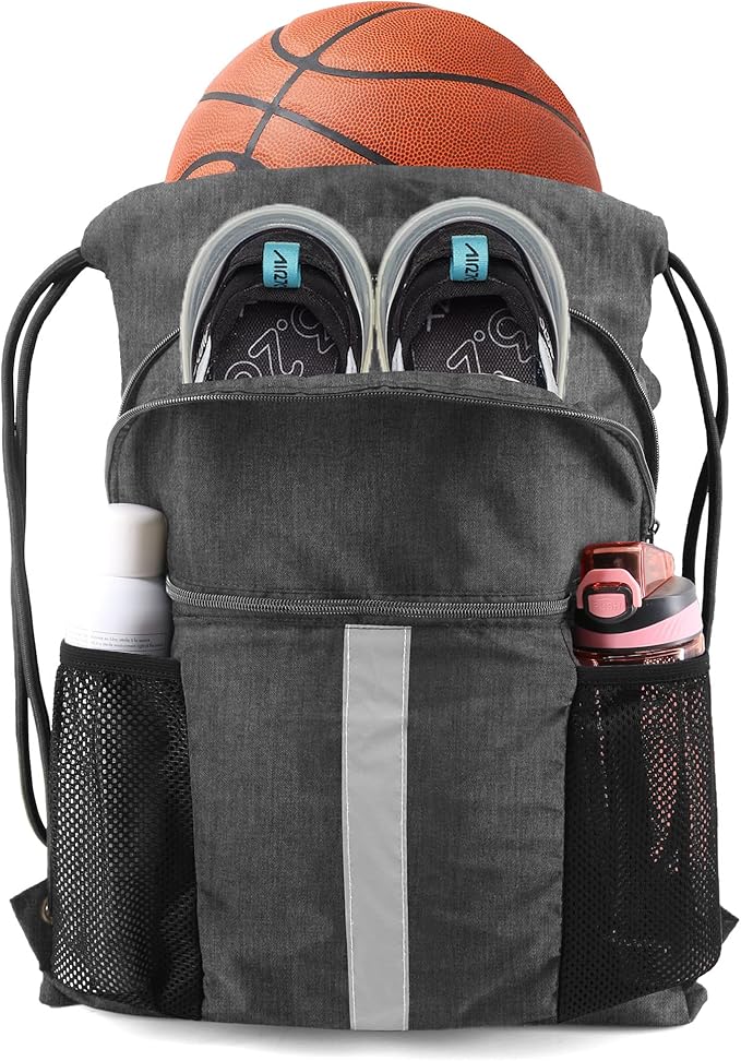 BeeGreen Drawstring Backpack Bag with Shoe Compartment, X-Large Black Gym Sports String Cinch Backpack