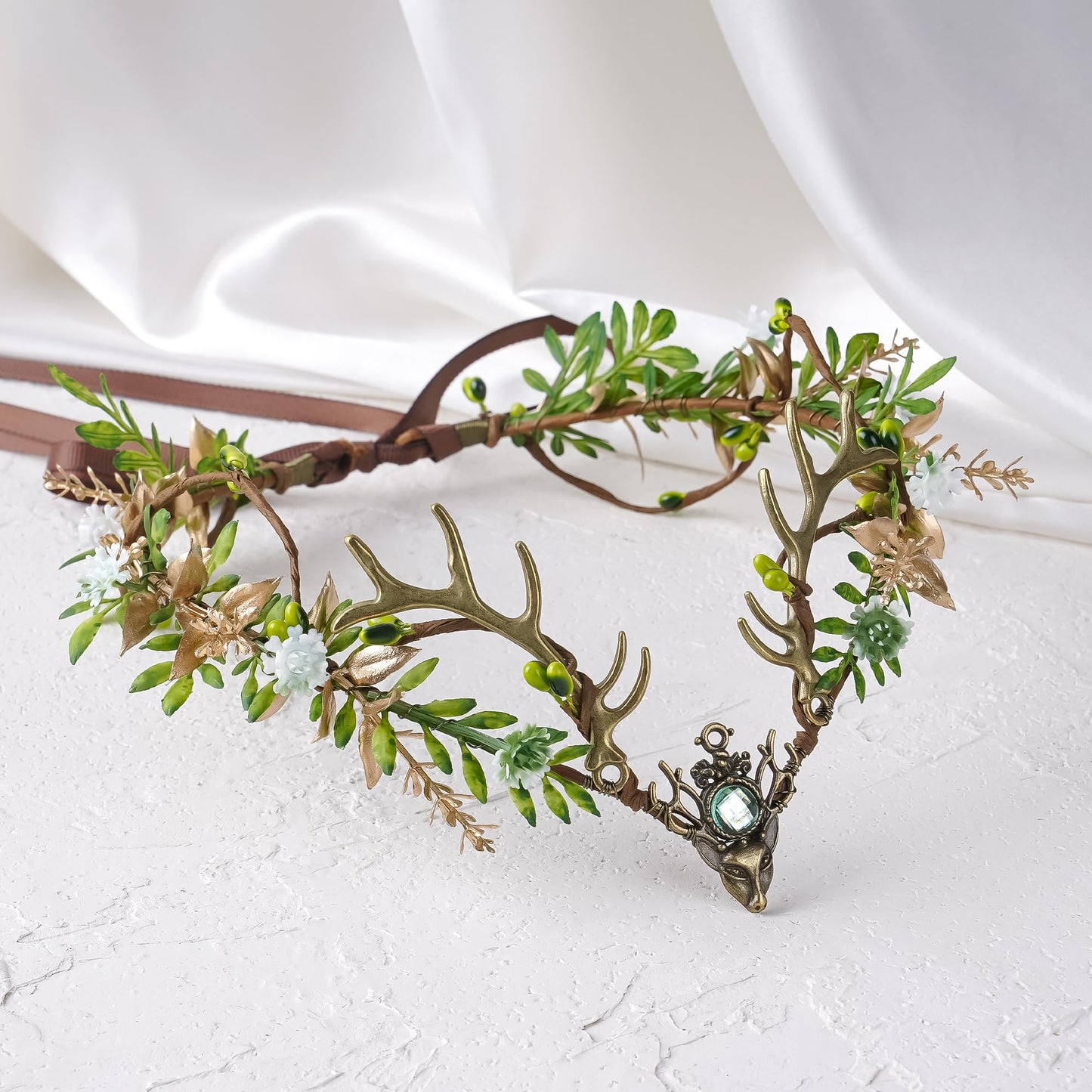 MOSTORY Woodland Flower Antler Crown - Floral Fairy Headpiece with Mini Deer Horns for Renaissance Costume Outfit Women, Forest Reindeer Circlet for Fairy Accessories Halloween Cosplay