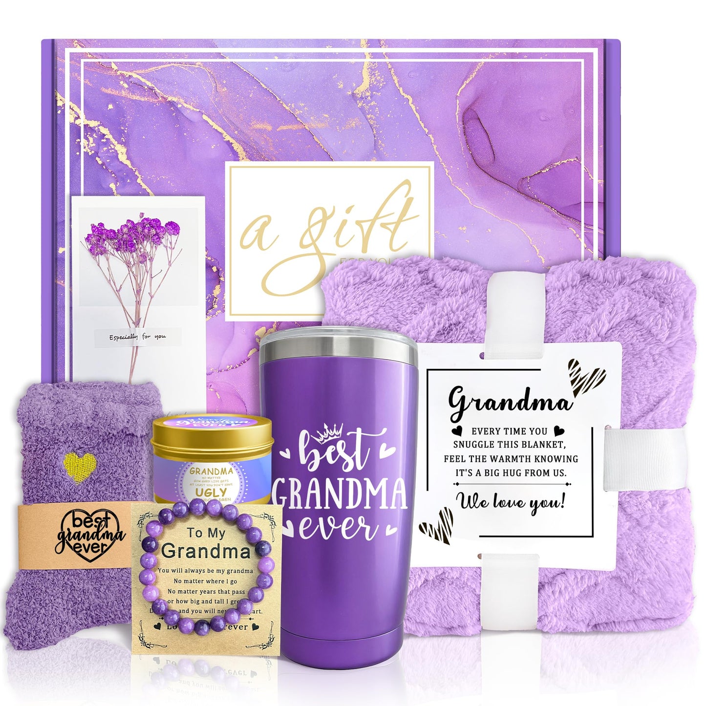 Gifts for Grandma, Grandma Gifts from Grandkids Lavender Relaxing Spa Gift Basket with Luxury Flannel Blanket Care Package, Unique Self Care Get Well Soon Gift on Christmas, Care Package