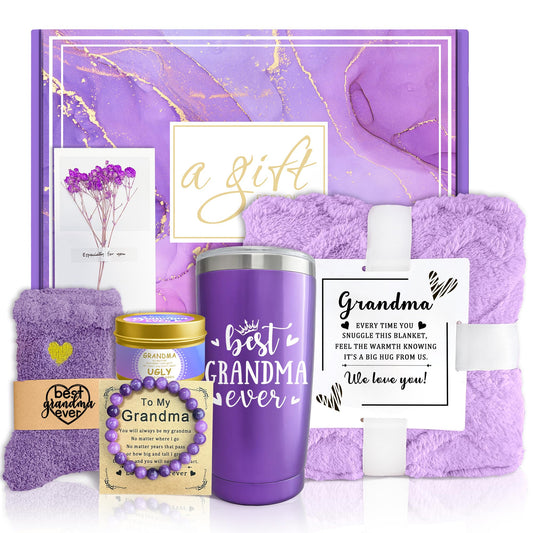 Gifts for Grandma, Grandma Gifts from Grandkids Lavender Relaxing Spa Gift Basket with Luxury Flannel Blanket Care Package, Unique Self Care Get Well Soon Gift on Christmas, Care Package