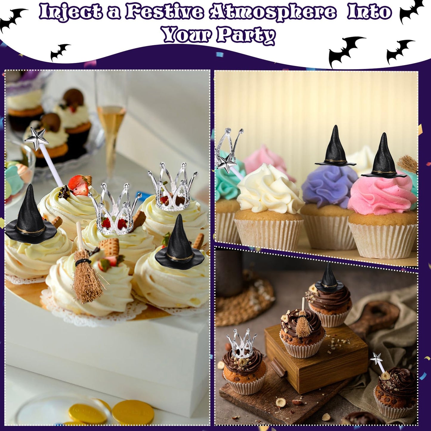 36 Pcs Witch Cupcake Toppers Witch Cake Topper Crown Cupcake Topper for Witch Party Decorations Mini Witch Hat Princess Cake Decorations for Witch Birthday Party Themed Party Favors