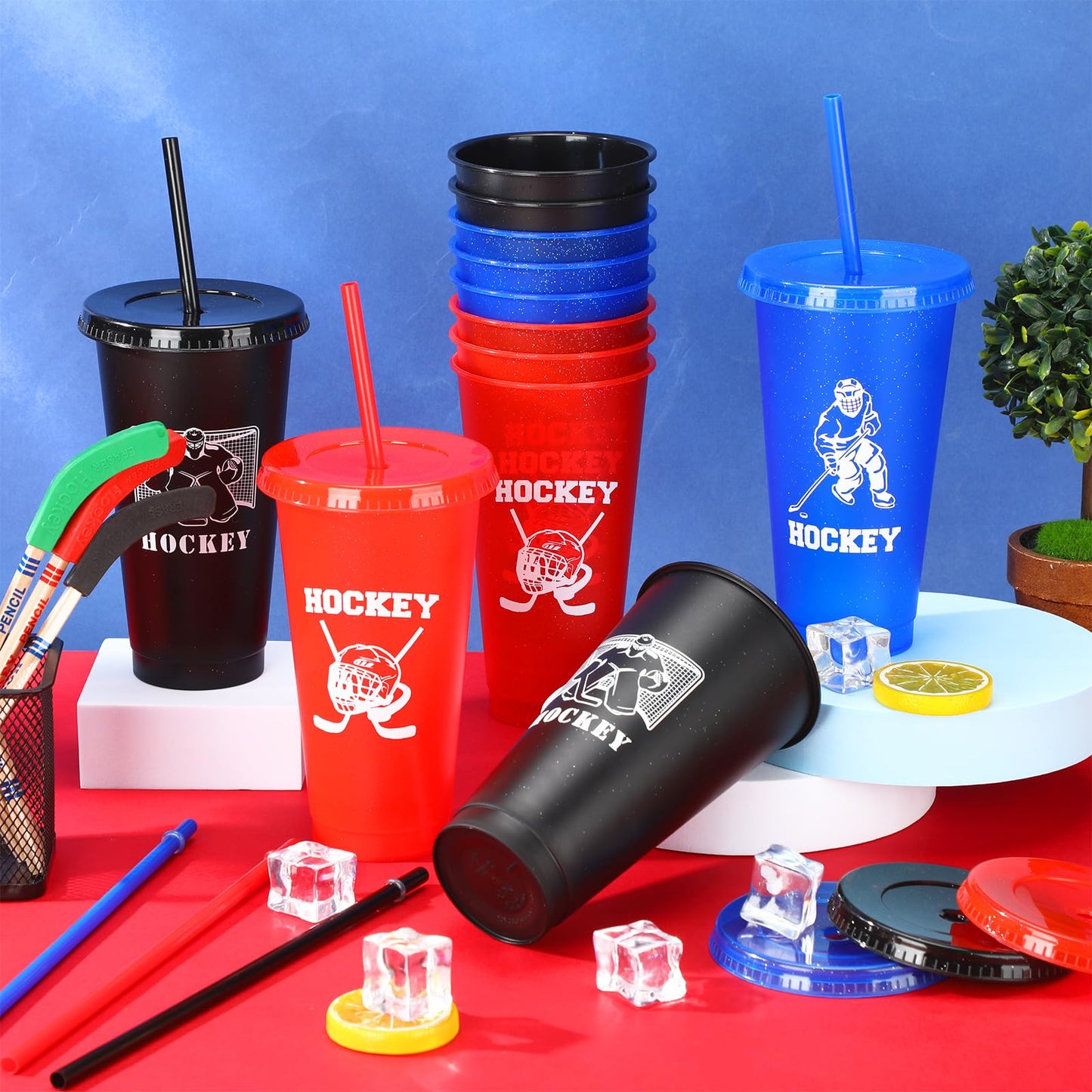 Willinglong 24 Pcs Hockey Plastic Tumblers with Lids and Straws for Hockey Reusable Cute Iced Coffee Travel Cups Mug Water Bottle for Birthday Party