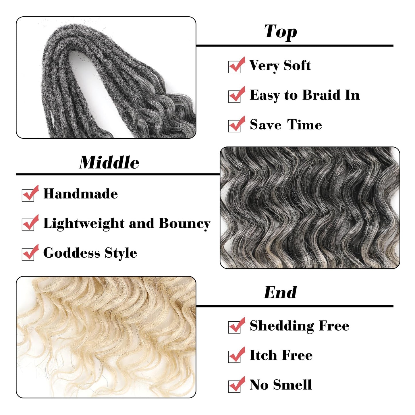 Leeven Wavy Double Ended Dreadlock Extensions 24 Inch Black to Blonde Ombre DE Curly Synthetic Dreads 10 Strands Boho Dread Extensions Braid in Handmade Hippie Dreads Thin Wool Dreads for Women Men