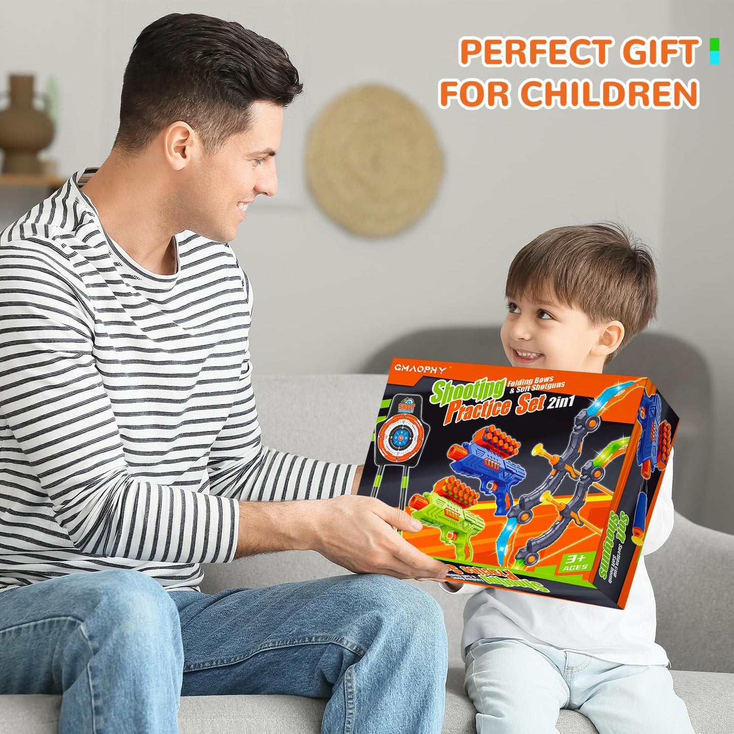 GMAOPHY Bow and Arrow for 5 6 7 8 9 10 11+ Year Old Boys, Birthday Gift for Kids, Indoor Outdoor Activity Toys, 2 Pack LED Light Up Archery Toy with 20 Suction Cup Arrows, Standing Target, 2 Quiver