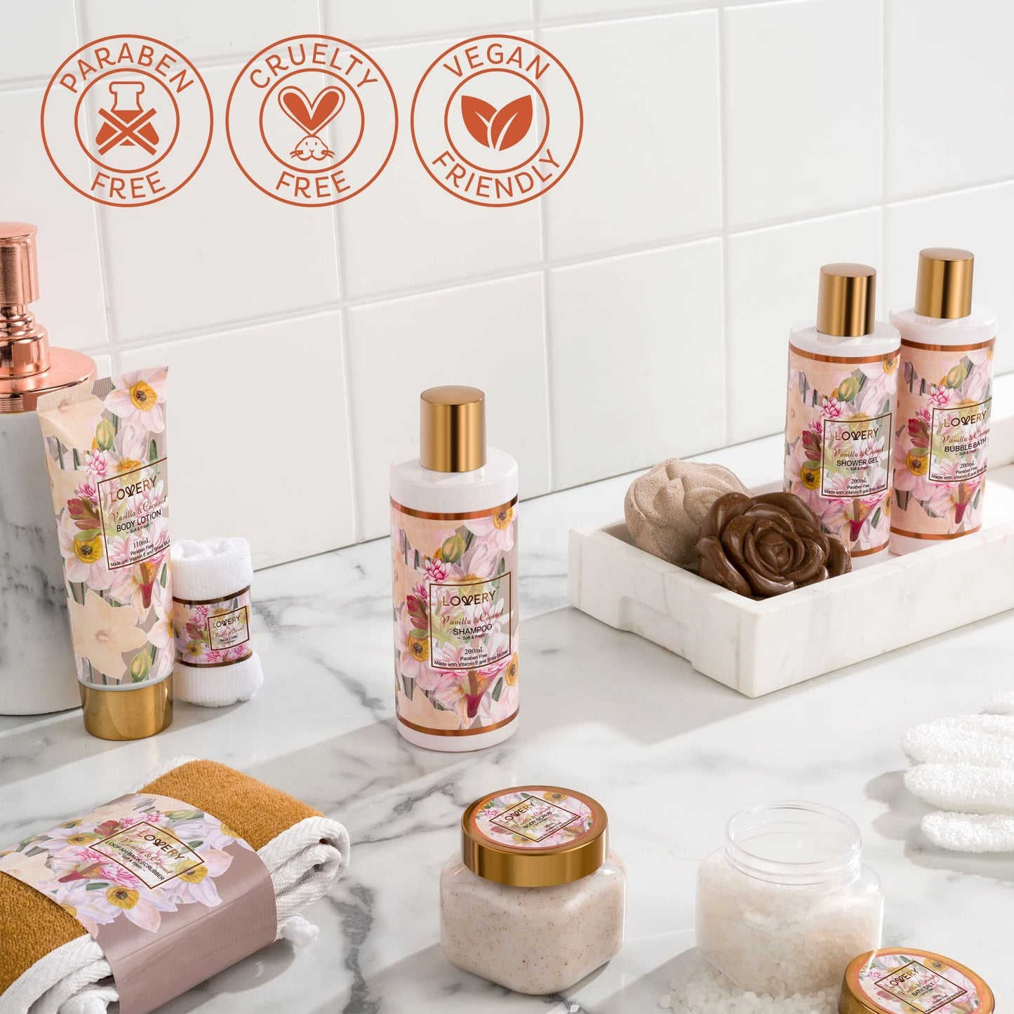 LOVERY Vanilla Coconut Bath & Spa Gift Set, 13pc Spa Gift Basket, Gifts for Women & Men, Bath Bomb, Body Lotion, Bubble Bath & More