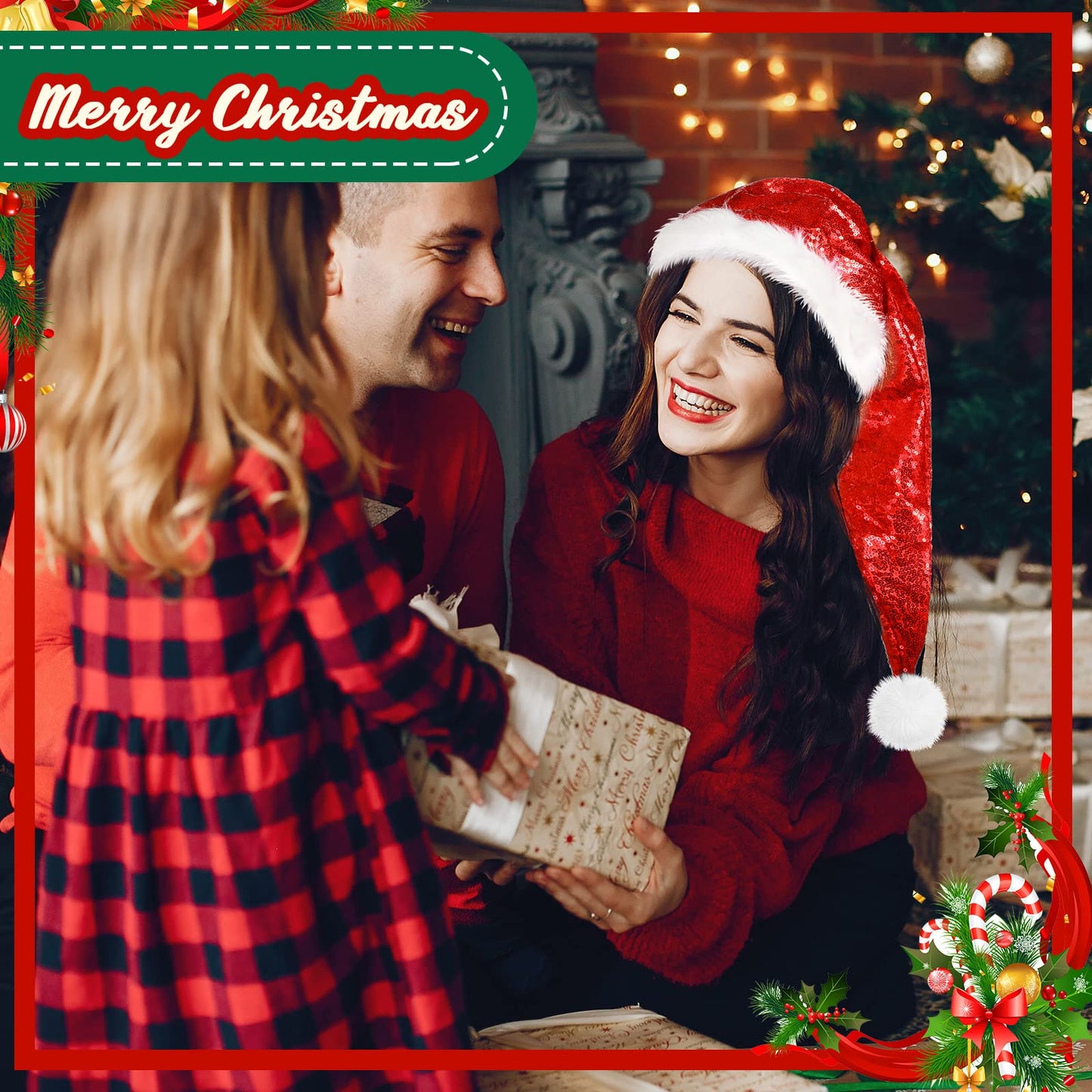 Geyoga 4 Pieces Christmas Santa Hats Xmas Shiny Sequin Santa Hats for Adults Long Christmas Cap Women Men Party Supplies(Red)