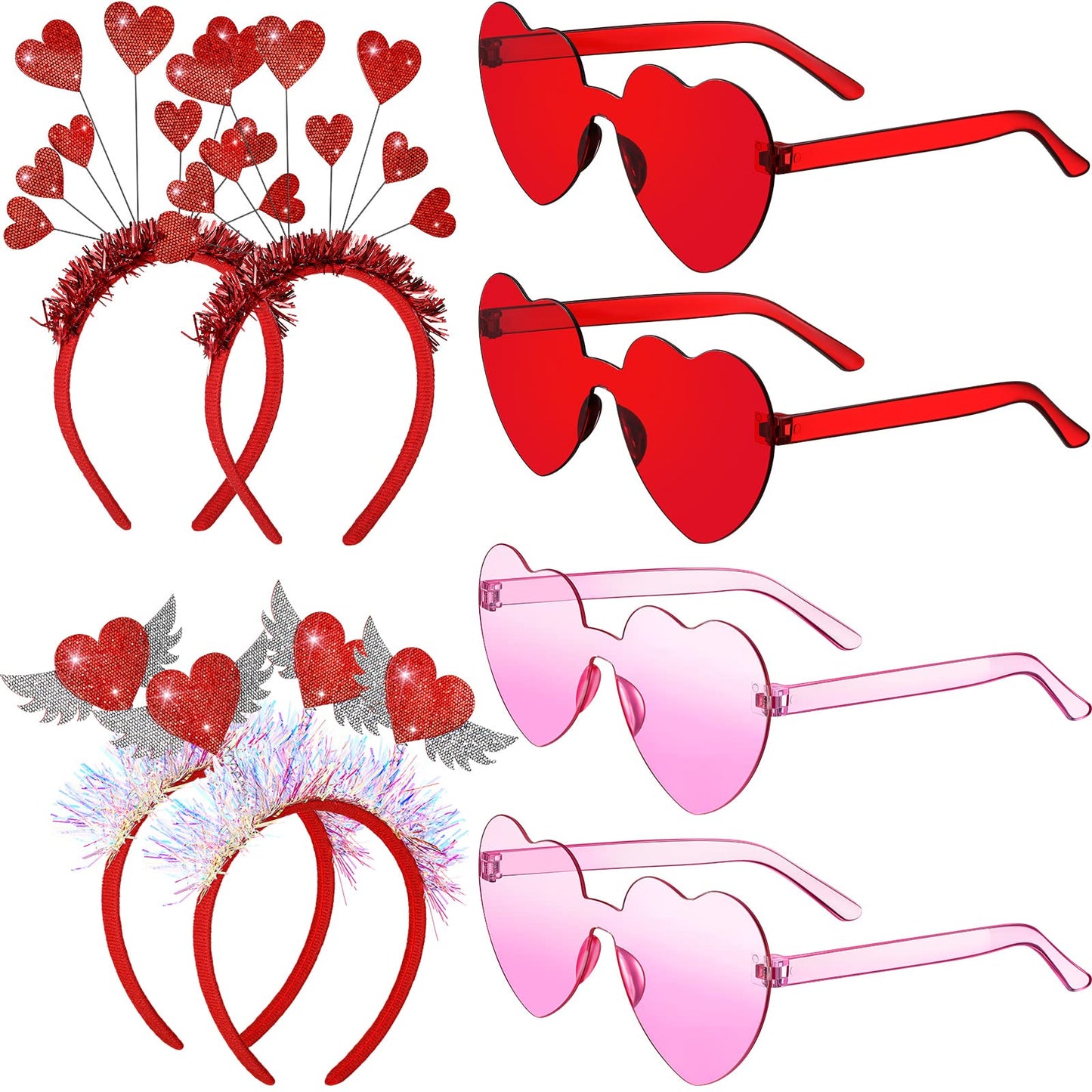 MTLEE 8 Pcs Valentines Day Red Heart Head Bopper Headband and Heart Shaped Sunglasses Transparent Candy Color Rimless Eyewear