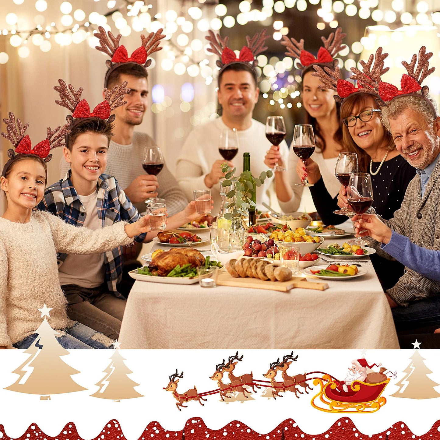 Lyrow 24 Pcs Reindeer Antlers Headbands for Adults Antlers Headband with Bells Halloween Christmas Holiday Party Gift (Bow Style)