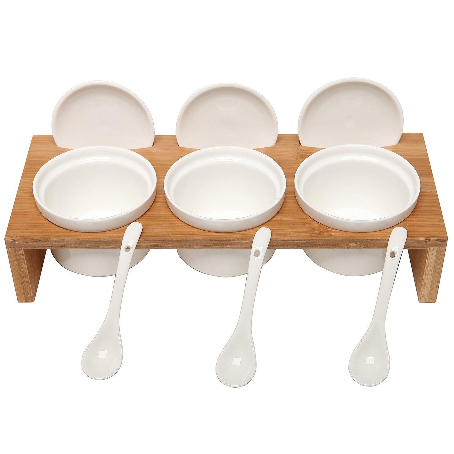 MyGift 10 Piece Condiment Pot Serving Set Includes Premium Solid Bamboo Wood Raised Display Server Tray and 3 Ceramic Ramekin Dip Bowls with Lids and Spoons