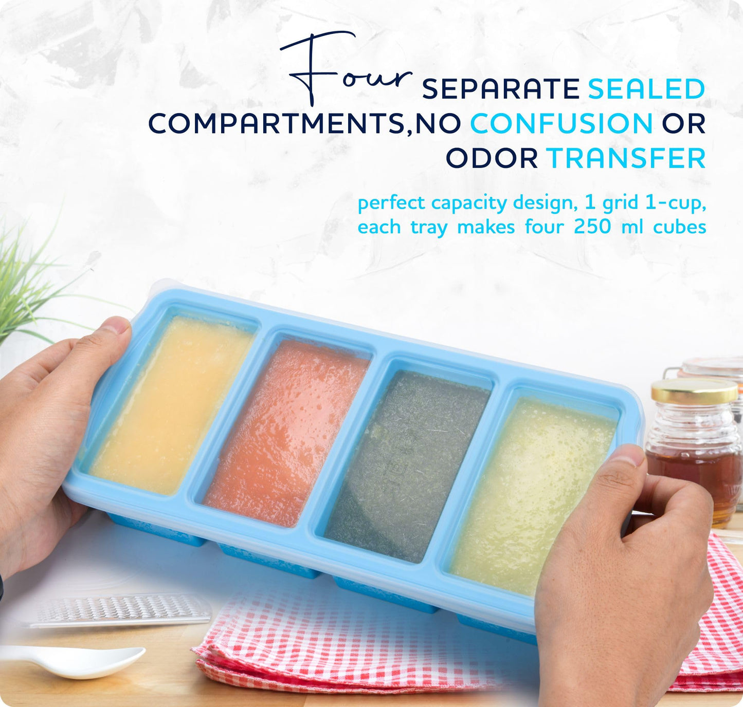 Zip Standing Silicone Freezer Trays with Lid,1-cup Soup Freezer Container large Ice Cube Molds with Reinforced Steel Ring Top for freezing Soup Sauce Broth Leftovers oven Dishwasher -Safe(2-Pack)