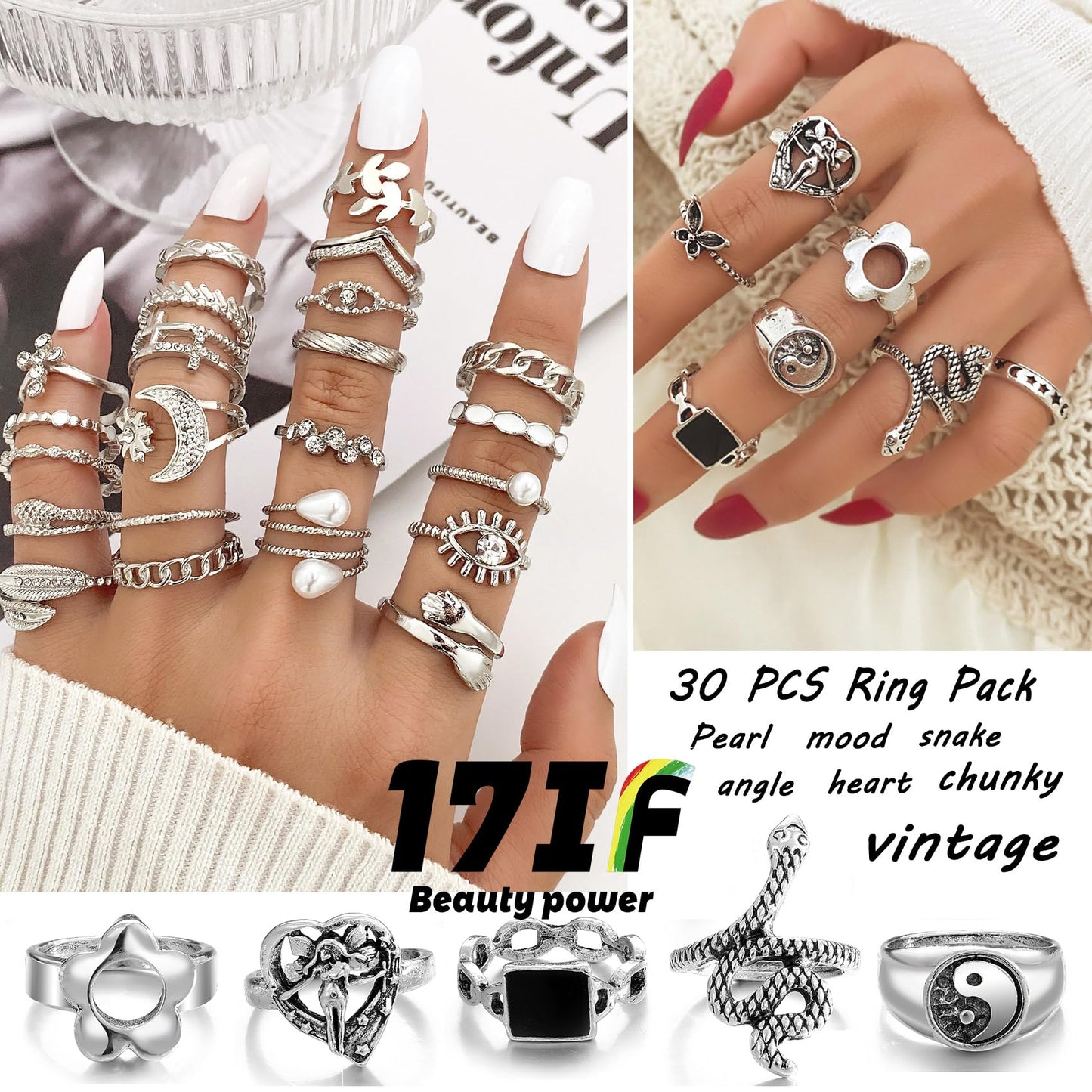 17IF 53 PCS(8 PACK) Silver Plated Jewelry Set with 6 Necklace 11 Ankle Bracelet 30 Kunckle Ring 6 Pair Earring hoop Vintage Boho Pearl for Women and Birthday Travel Holiday