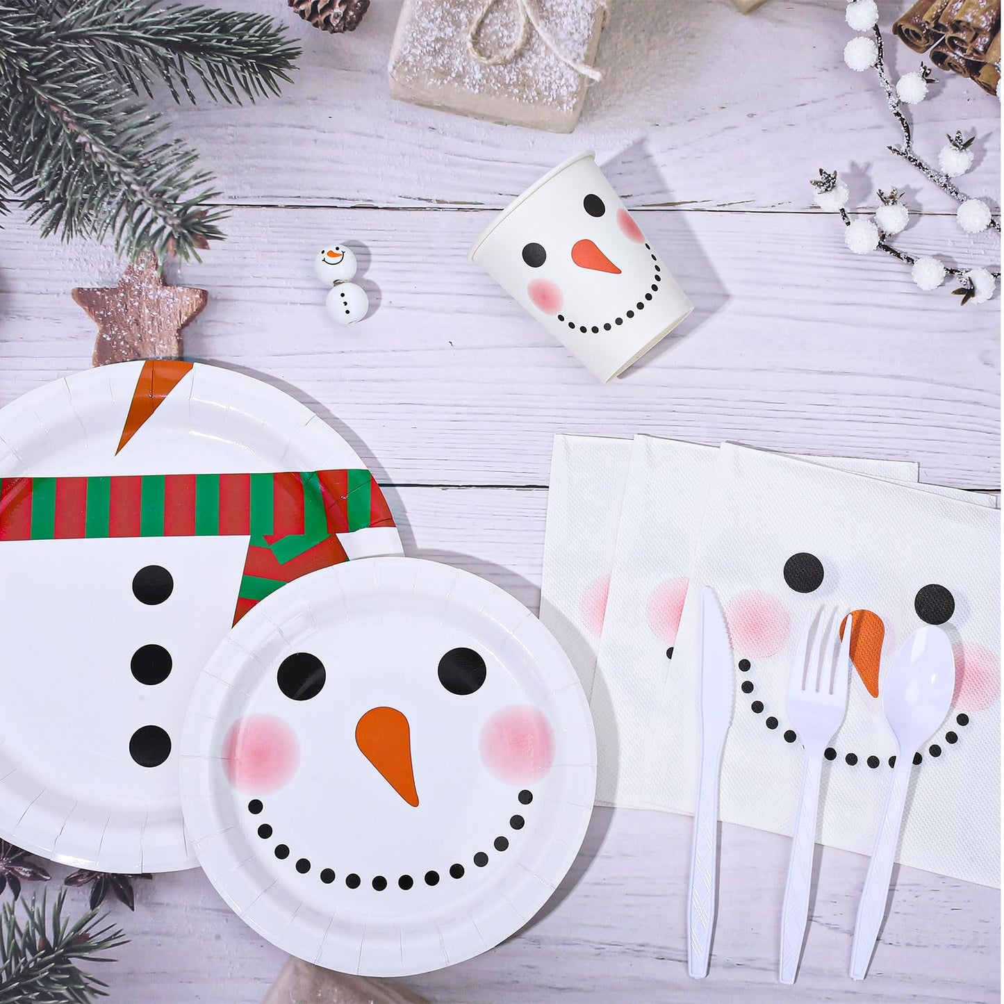 Whaline 175Pcs Christmas Party Tableware Set Winter Snowman Dinnerware Kit 7 and 9 Inch Paper Plates 6.5 Inch Disposable Napkins Cups Forks Spoons Knives for Xmas Holiday Dinner Supplies