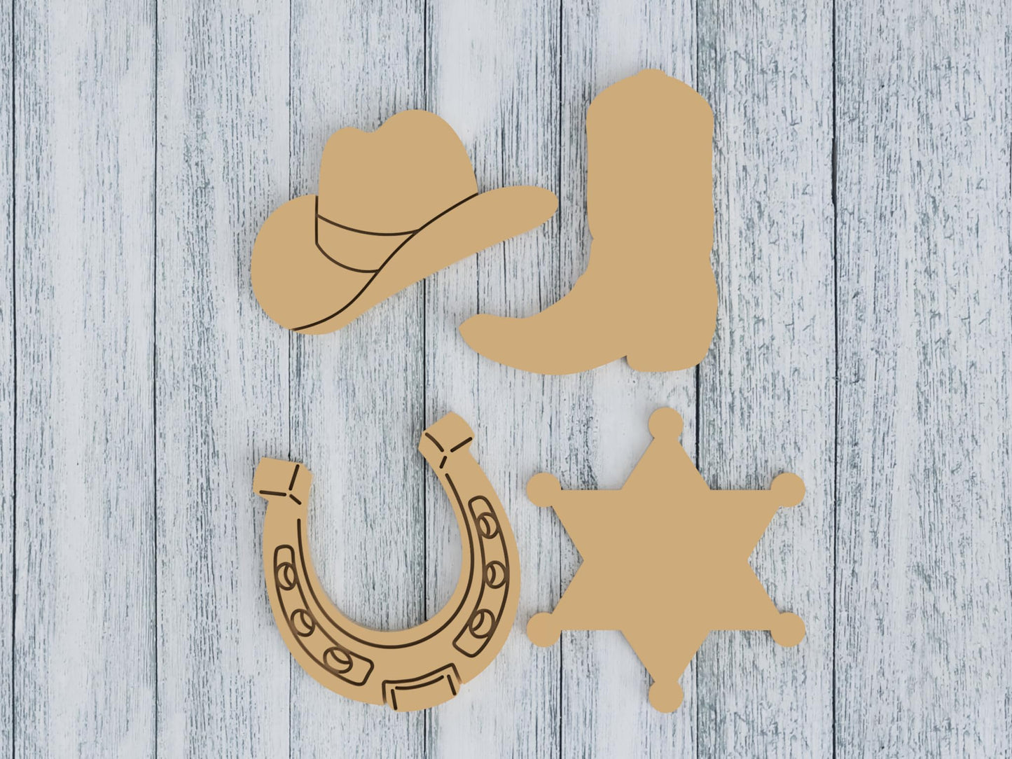 4 Piece Cowboy Cookie Cutter Set - Includes Wild West Country Cowboy Cowgirl Boot, Rustic Western Rodeo Hat, Detailed Horseshoe, Gold Star Sheriff's Badge (4 Inch)