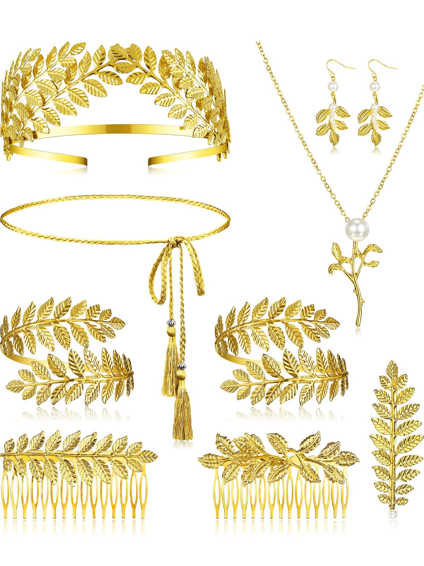 Xinnun 9 Pcs Greek Goddess Costume Accessories Toga Belt Leaves Crown Bracelet Headpiece Earrings Necklace for Women Bridal(Classic)
