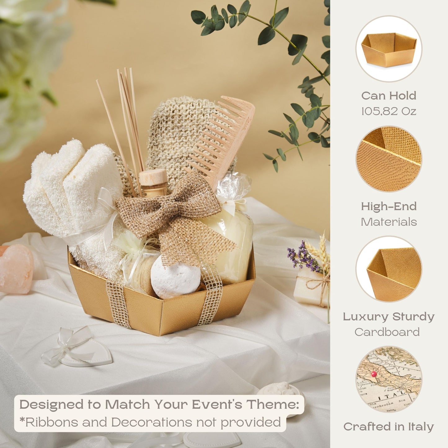 Boxes Craftory Pack of 5 Empty Baskets for Gifts - Containers Ideal for Christmas and Wedding - 8" x 6.69" x 2.75" Gold