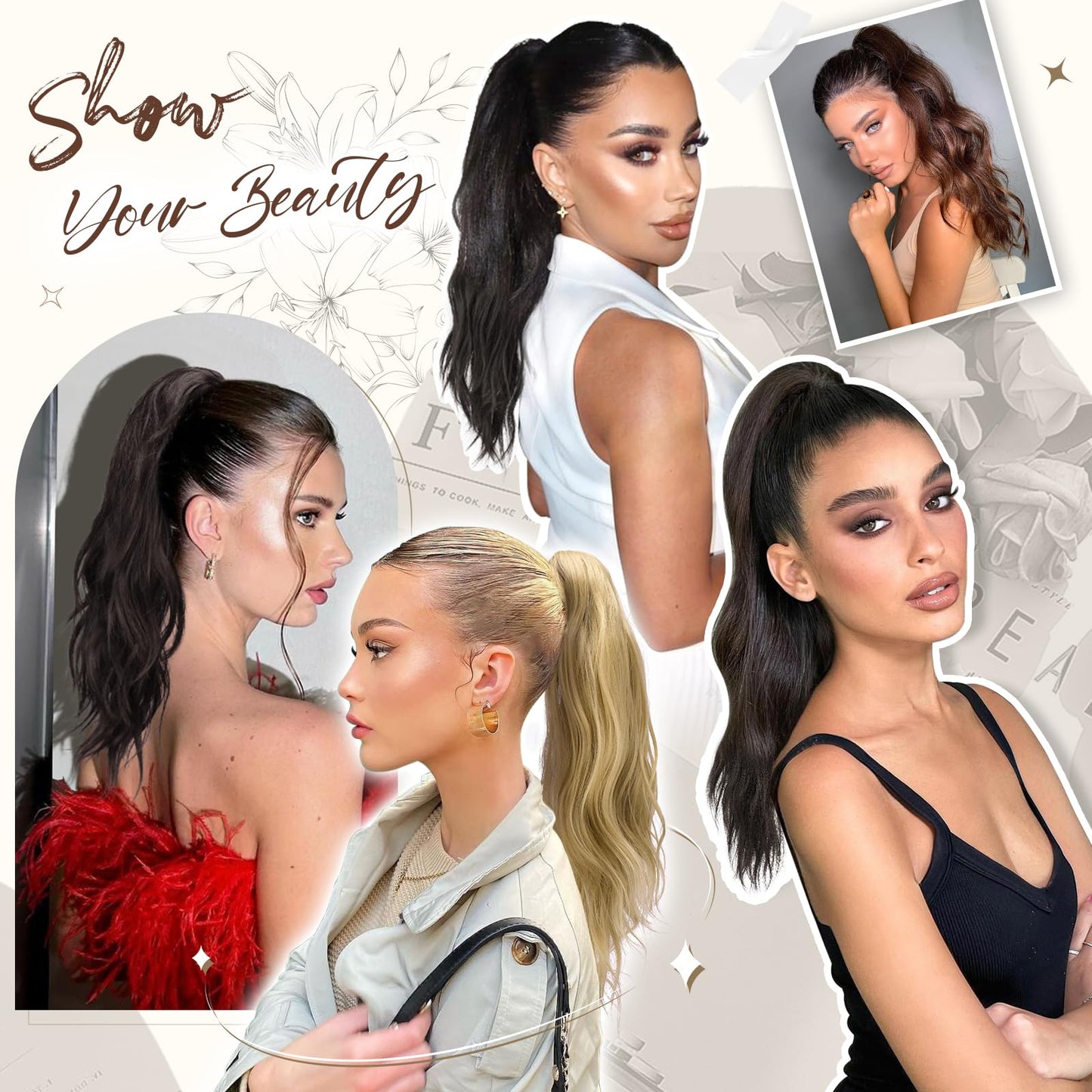 FESHFEN Ponytail Extensions, 20 inch Long Claw Clip in Ponytail Hairpiece Synthetic Pony Tails Hair Piece Natural Wavy Hairpieces for Women, Dark Brown & Caramel Blonde