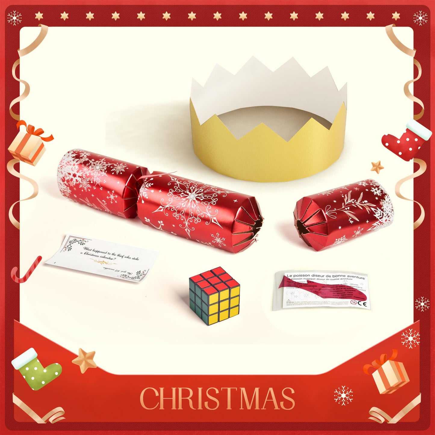 Christmas Crackers, 12 Pack Valentines No Snap Party Favors with Party Hat, Joke & Little Gift Inside for Christmas Thanksgiving Seasonal Holiday Dinner Traditions (Red and Green)