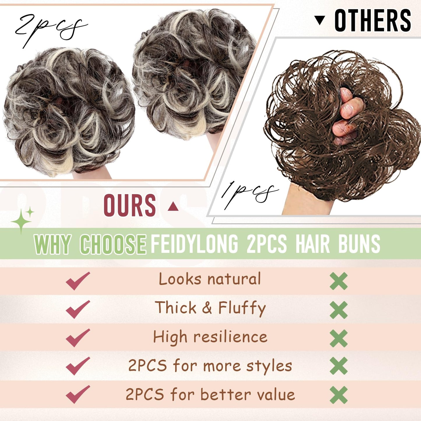 FeidyLong 2 PCS Messy Bun Hair Piece Wavy Curly Scrunchies Synthetic Chignon Ponytail Hair Extensions Thick Updo Hairpieces for Women Girls(Black Brown Mix Bleach Blonde)