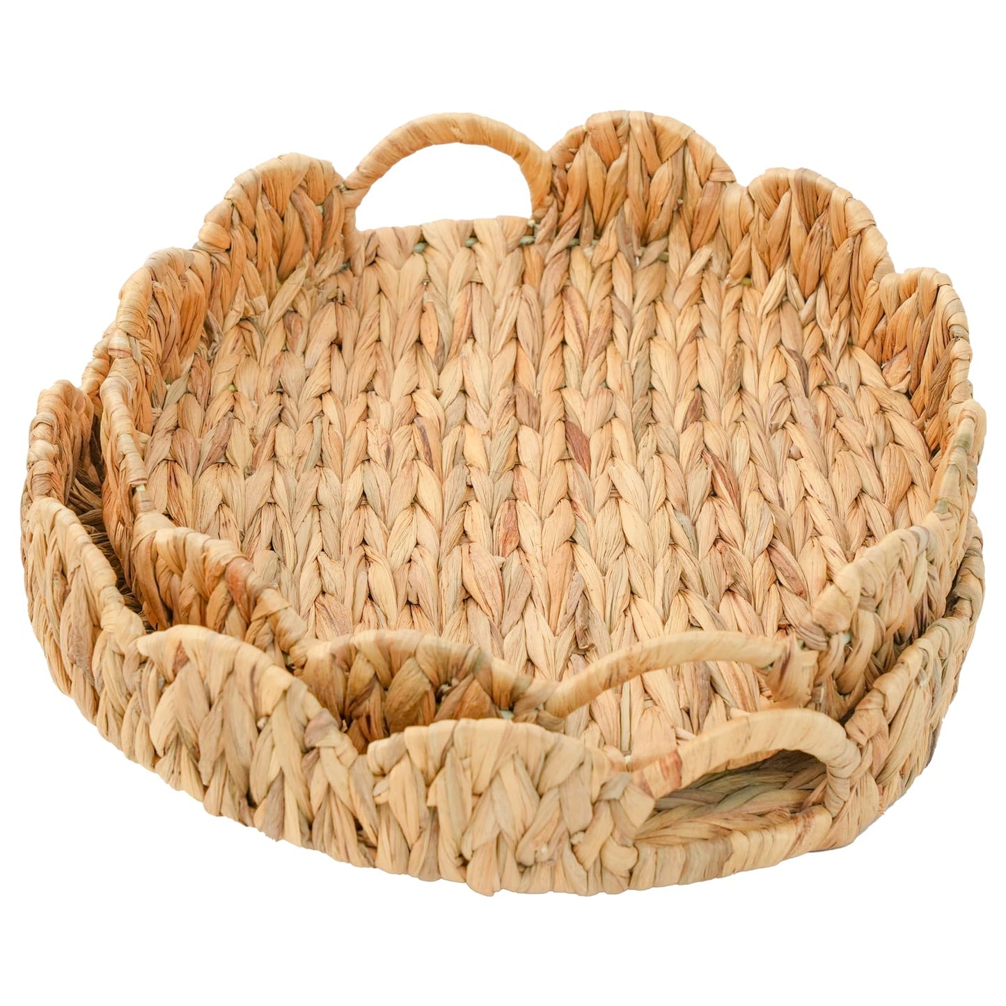 ATEDIR Round Serving Tray, 2-Pack Wicker Basket Tray with Handles, Rattan Woven Decorative Serving Tray, Natural Water Hyacinth Scalloped Tray for Home Decor and Desk Organizer Tray