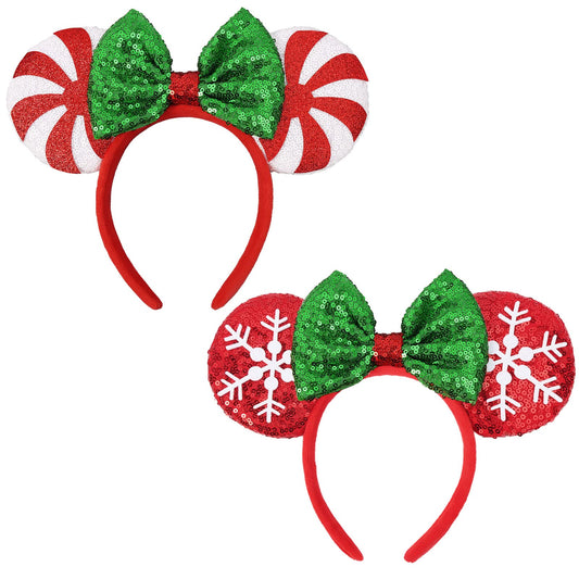 Christmas Mouse Ears Headband, 2 PCS Christmas Ears for Women Kids, Sequin Bow Headbands for Christmas Parties Cosplay Costume (Peppermint Green & Red Snowflake)