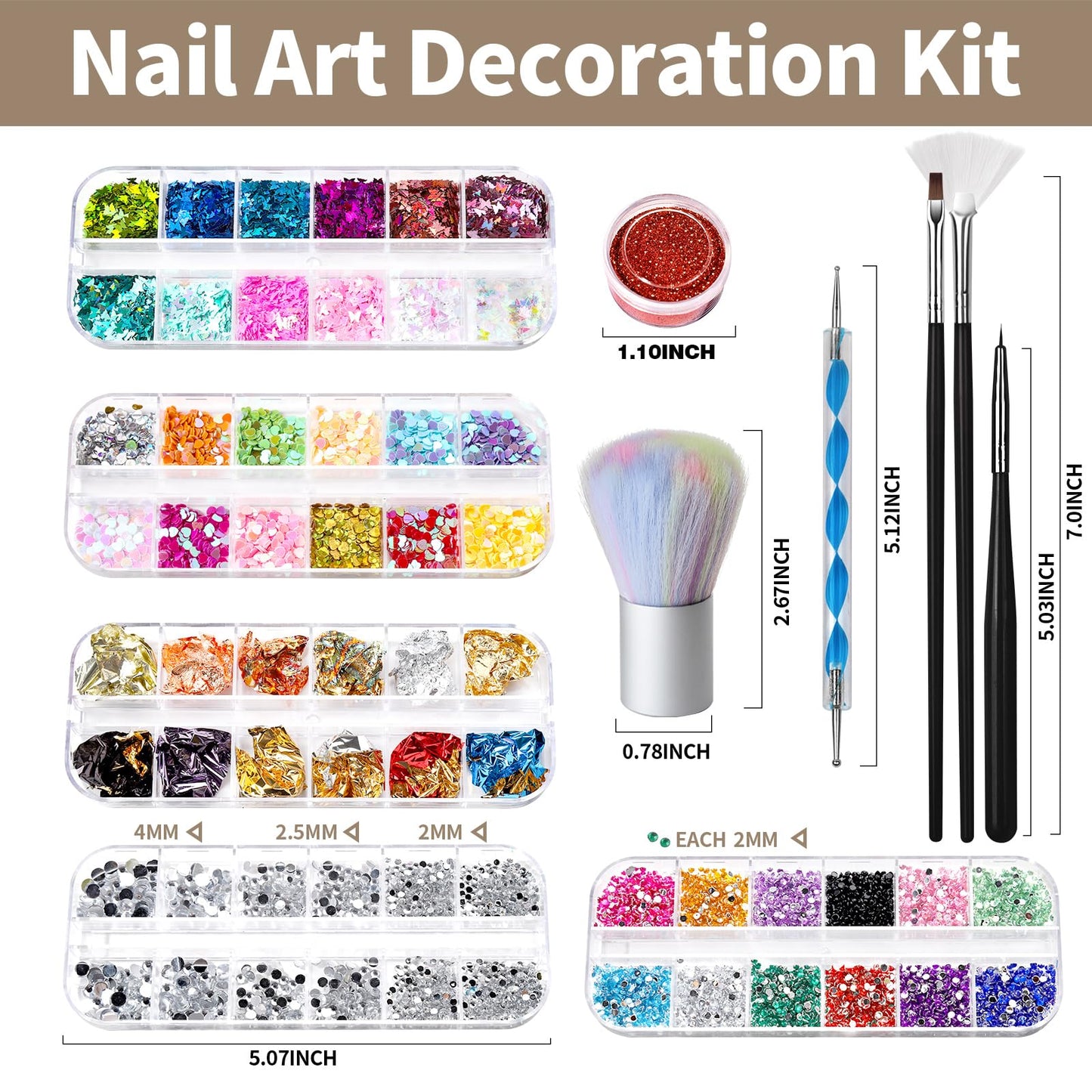 FANDAMEI Nail Art Brush, Nail Design Tools Kit with Nail Art Brushes, Nail Dotting Tools,Fine Glitter,Nail Butterfly, Nail Heart Sequins, Foil Flakes, Nail Art Rhinestones, Nail Art Decoration Kit.