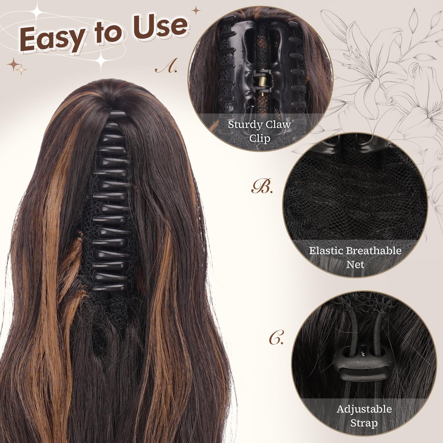 FESHFEN Ponytail Extensions, 20 inch Long Claw Clip in Ponytail Hairpiece Synthetic Pony Tails Hair Piece Natural Wavy Hairpieces for Women, Dark Brown & Caramel Blonde