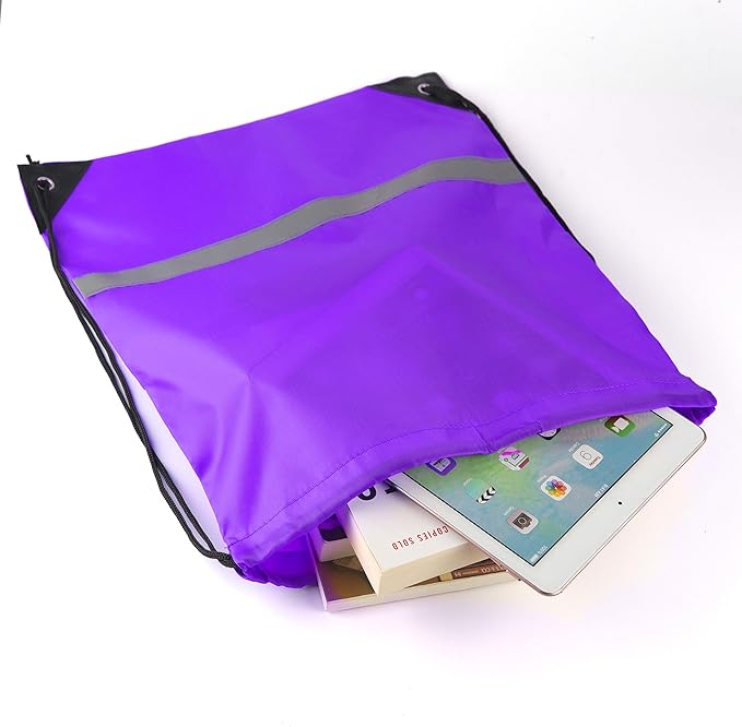 KUUQA 12 Pcs Drawstring Backpack Bag Bulk Reflective Backpack Purple String Bags Cinch Sack Backpack for Team Yoga Sport Gym Traveling