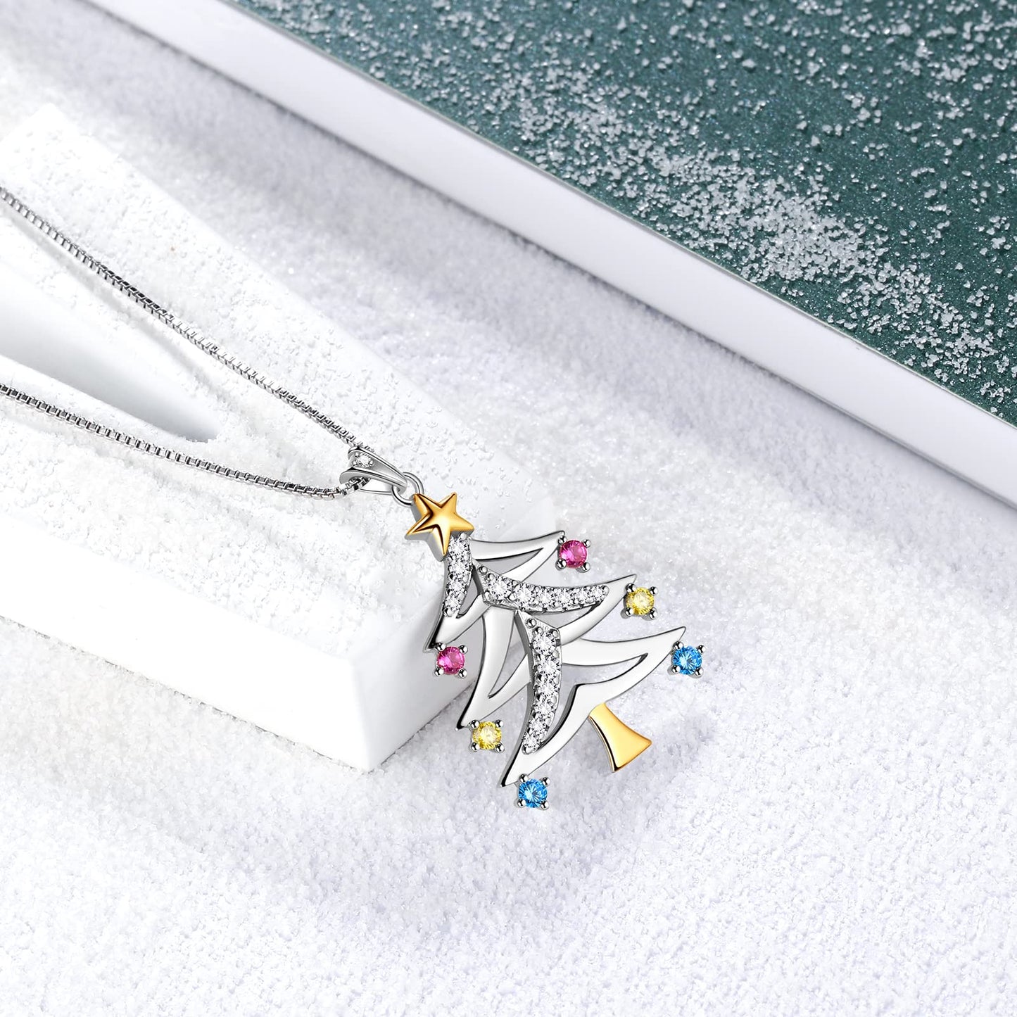 Aurora Tears 925 Sterling Silver Christmas Tree Pendant,Christmas Necklace Costume Jewelry Gift CZ Crystal Holiday Festival Jewelry Plant Pendant for Women