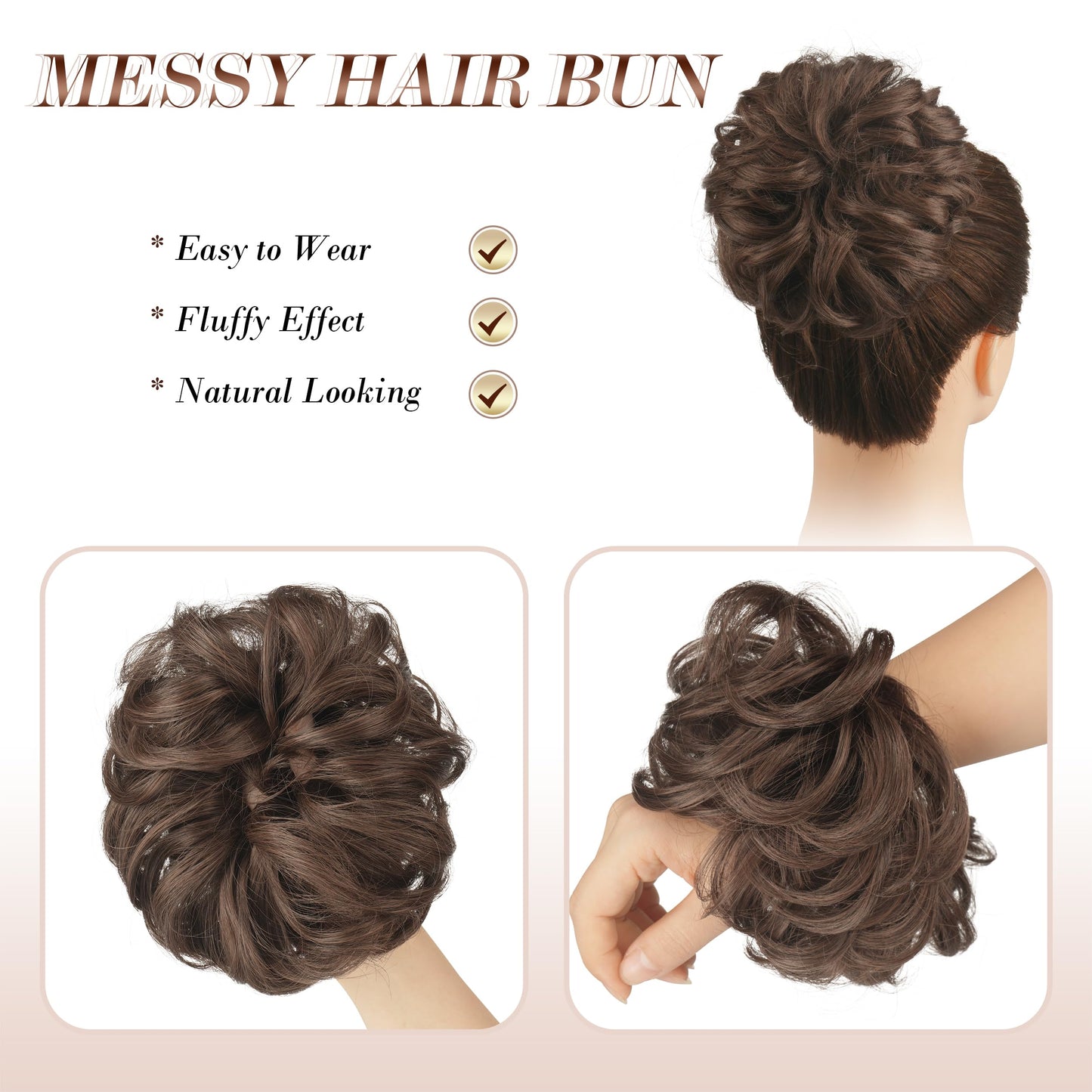 FESHFEN Messy Bun Hair Piece - Large Wavy Curly Elastic Hair Bun Scrunchies Ponytail Extensions Synthetic Chignon Hairpieces for Women, Darkest Brown 1.94oz