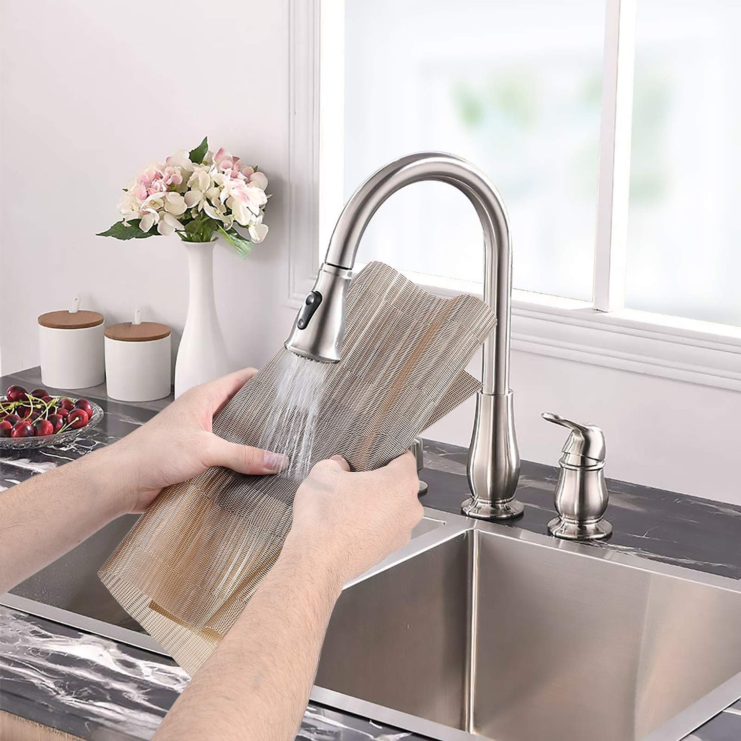 Aofmee Table Runner and Placemats Set of 6 Washable, Heat Resistant Place Mats with Table Runner, Woven Vinyl Table Placemats, Stain Resistant Kitchen Table Mats Sets, Easy to Clean, Gold, Set of 7