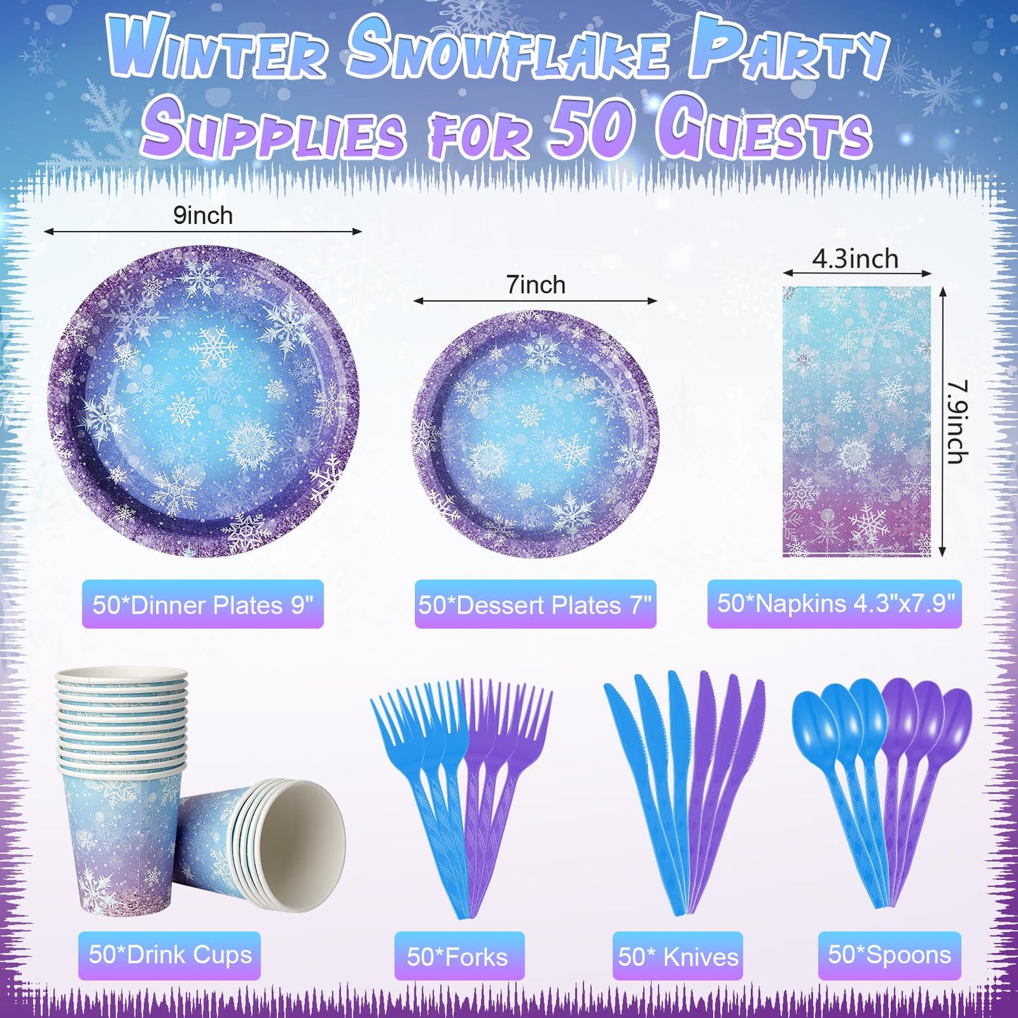 Winter Snowflake Paper Plates and Napkins Set, Blue and Purple Snowflake Winter Wonderland Disposable Tableware for Christmas Winter Holiday New Year Birthday Party Supplies Decorations, Serve 50