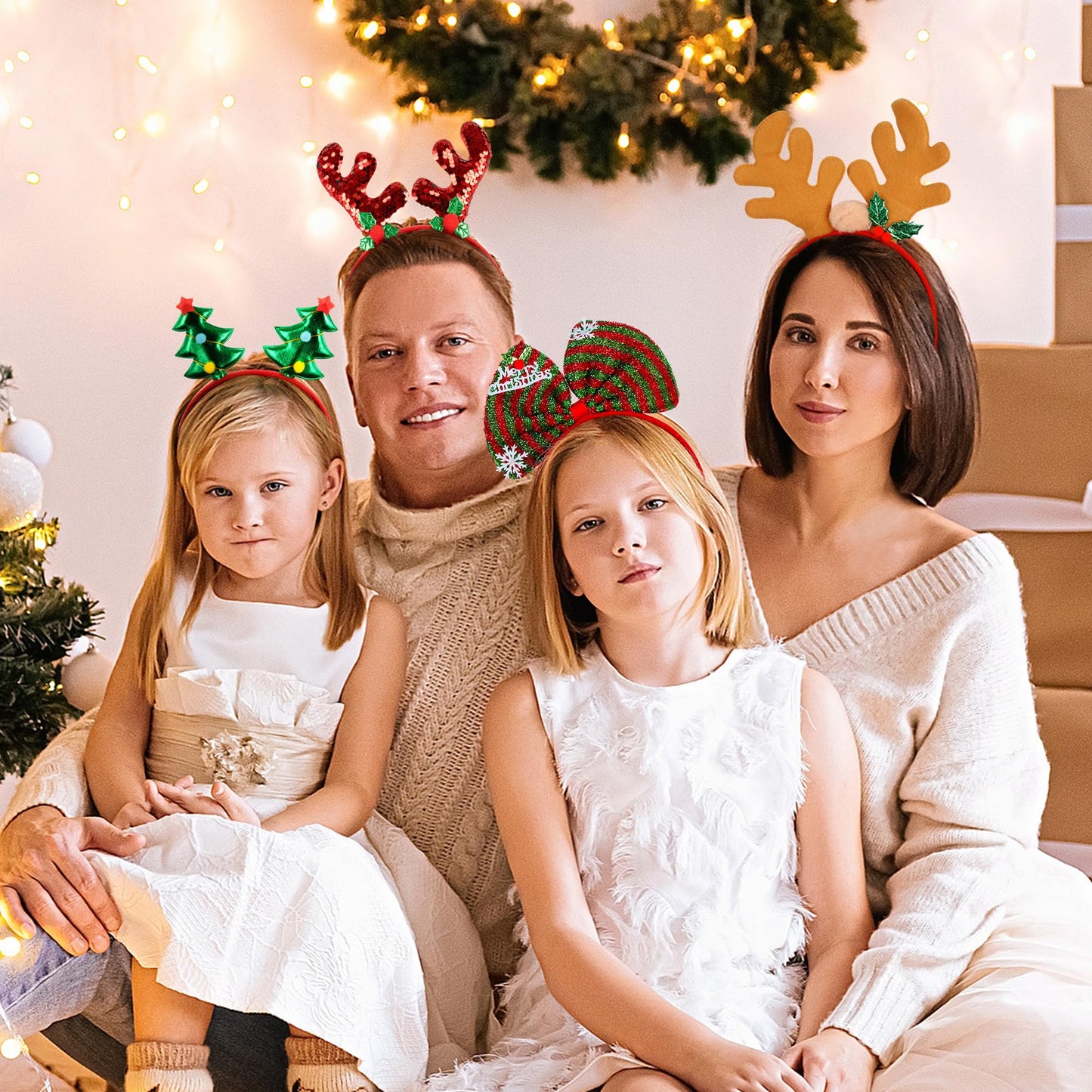 HOVACY 12 Pieces Christmas Headbands, Cute Christmas Head Toppers, Various Design Santa Hat Christmas Tree Snowman Reindeer Antler Headwears for Christmas Party Favors, Christmas Decorations