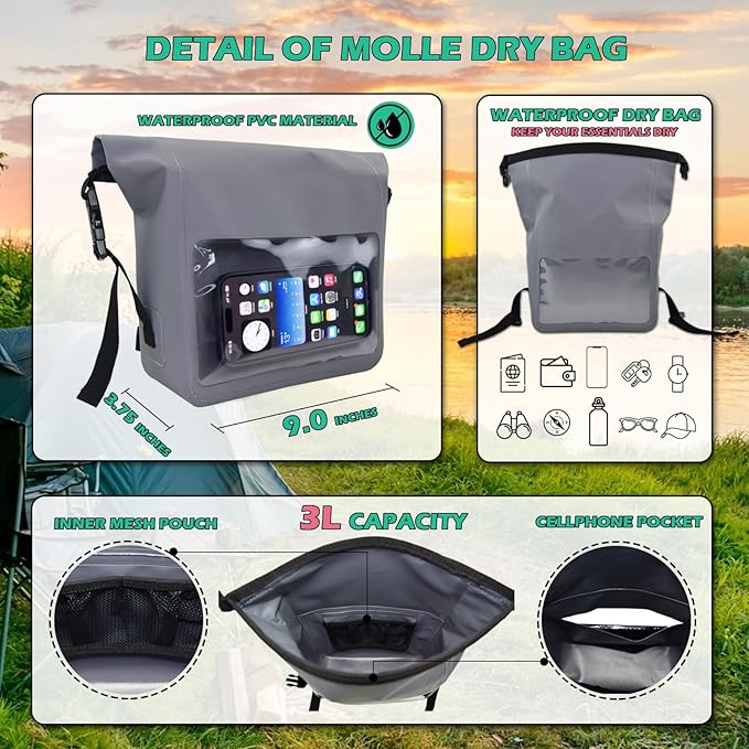 Multipurpose MOLLE Dry Bag Compatible with Soft Cooler, Tactical Backpack & Tote, Large Pouch Organizer Dry Pouch with Shoulder Strap Fit for Famous Hopper Accessories (Grey, Set 1)