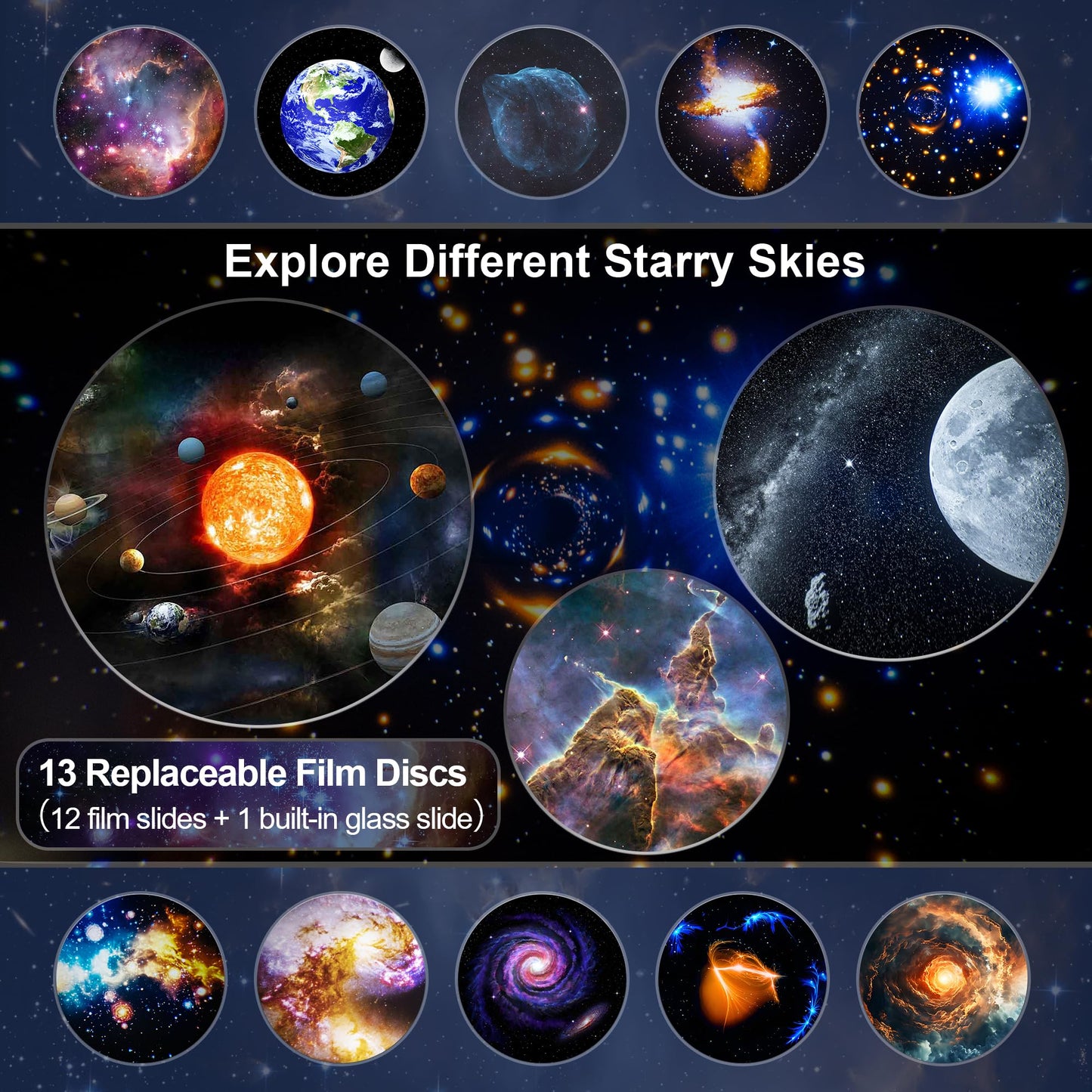 Galaxy Projector for Bedroom, 13 in 1 Planetarium Star Projector with Solar System & Constellation, Night Light for Ceiling - 360° Rotating with Timer, Adjustable Knob, Kids Adults Room Decor (White)